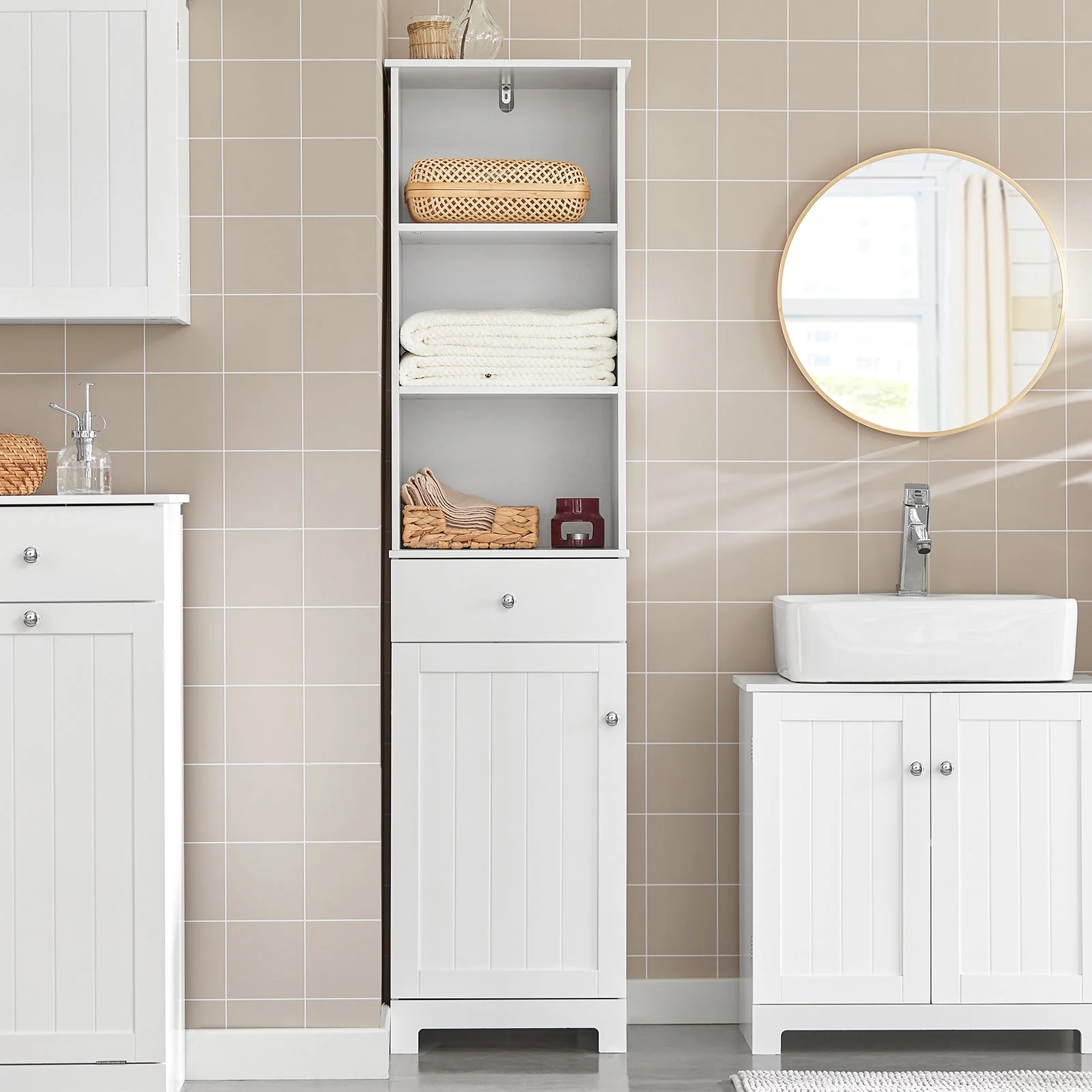 SoBuy BZR17-W Badkamerkast Hoge kast voor in de badkamer Badkamermeubel Opbergruimte Wit - Image 3