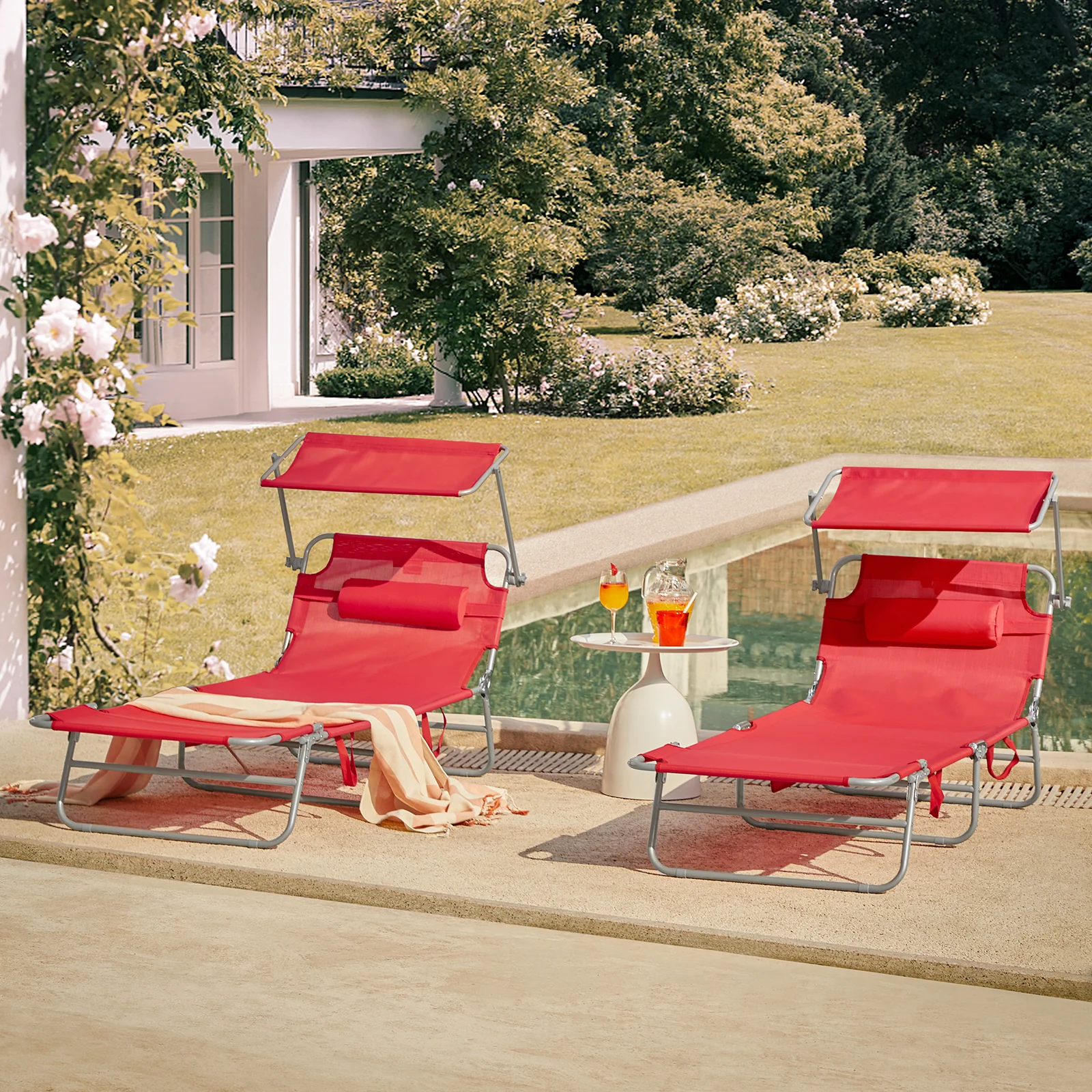 SoBuy Set van 2 Opvouwbare Ligstoelen, Verstelbare Lounge Stoelen met Luifel & 4 Standen - UV-Beschermende Zonnekap, Voor Zwembad, Camping en Buitenleven,Rood, OGS48-Rx2 - Image 2