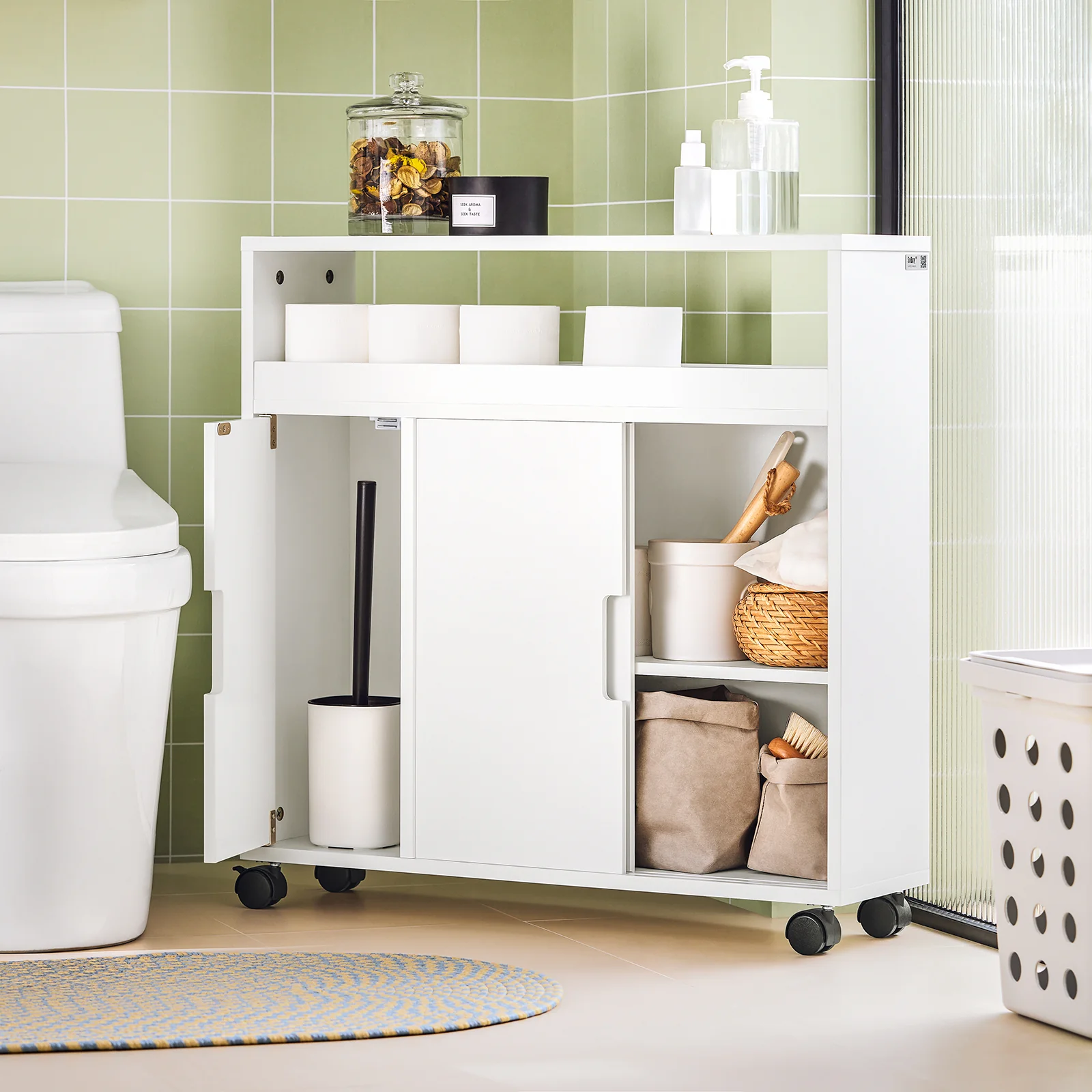 SoBuy BZR02-W Compact Rollend Badkamerkastje – 2 Schuifdeuren + Open Plank, Witte Opbergruimte voor Kleine Badkamers 70x71x20cm - Image 4