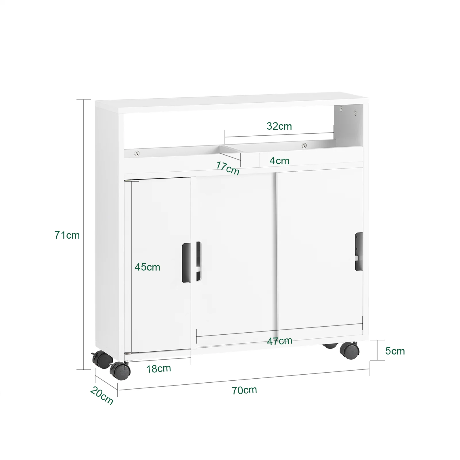 SoBuy BZR02-W Compact Rollend Badkamerkastje – 2 Schuifdeuren + Open Plank, Witte Opbergruimte voor Kleine Badkamers 70x71x20cm - Image 5