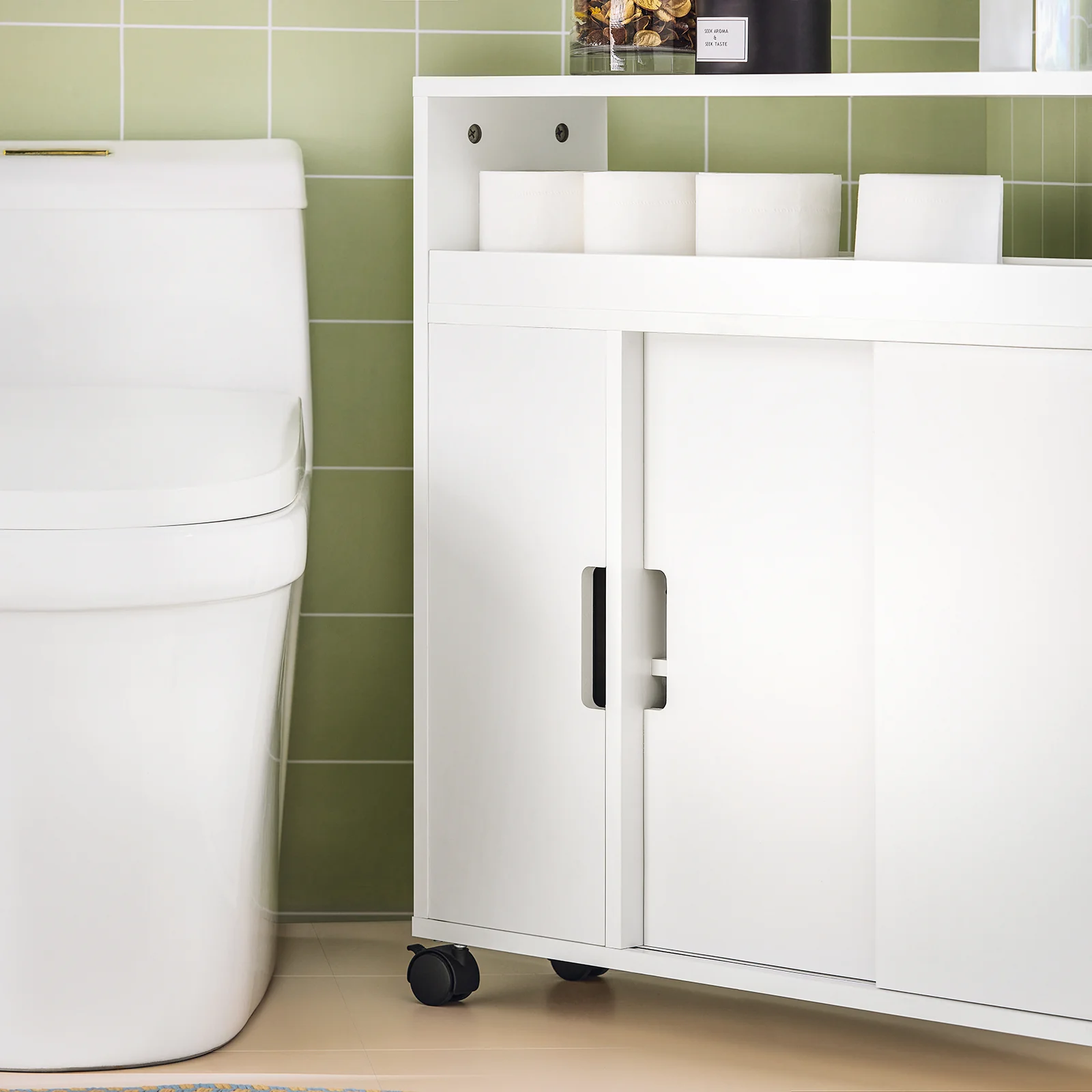 SoBuy BZR02-W Compact Rollend Badkamerkastje – 2 Schuifdeuren + Open Plank, Witte Opbergruimte voor Kleine Badkamers 70x71x20cm - Image 7