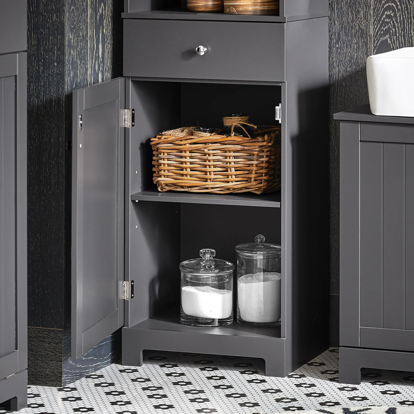 SoBuy BZR17-DG Badkamerkast Hoge kast voor in de badkamer Badkamermeubel Opbergruimte Grijs - Image 6