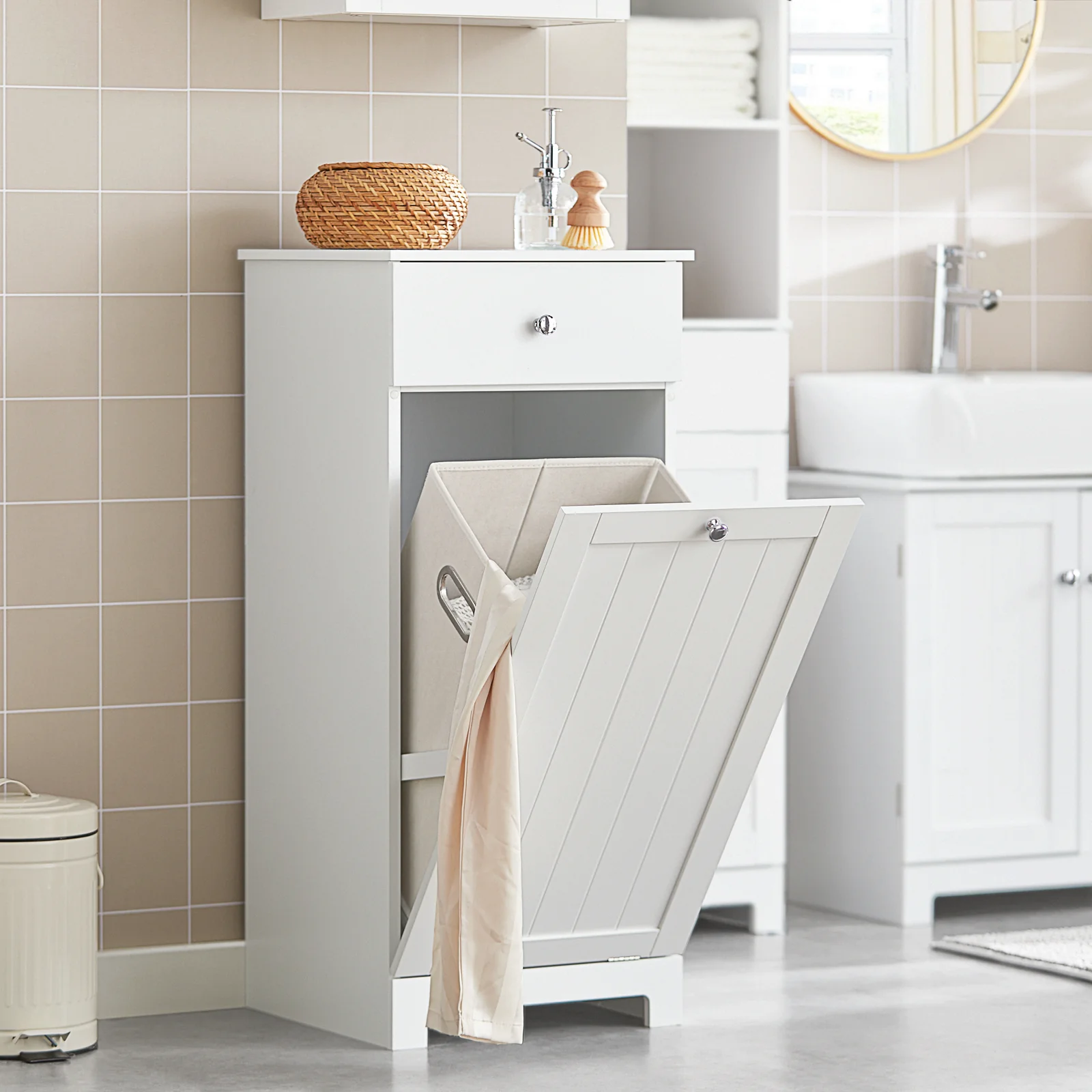 SoBuy BZR21-II-W Smalle Badkamerkast met Lade & Wasmand – Compact Opbergmeubel voor Badkamer en Toilet – 40×38×90 cm, Wit - Image 3