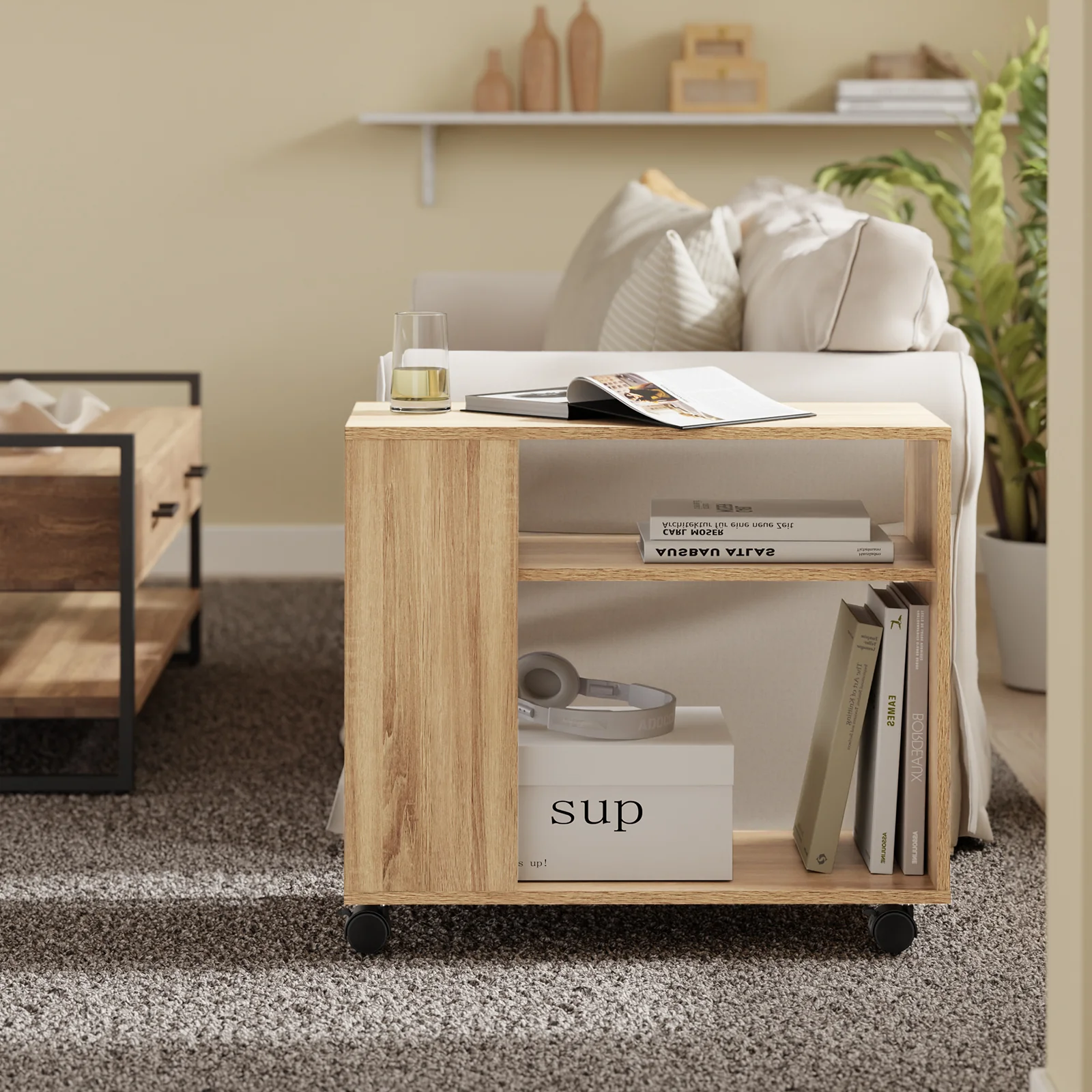 SoBuy FBT34-N Verrijdbare Bijzettafel met Wielen – 2-Laags Opbergtafel / Mobiele Boekenkast voor Woonkamer, Slaapkamer & Kantoor – 70×35×60 cm, Naturel - Image 2