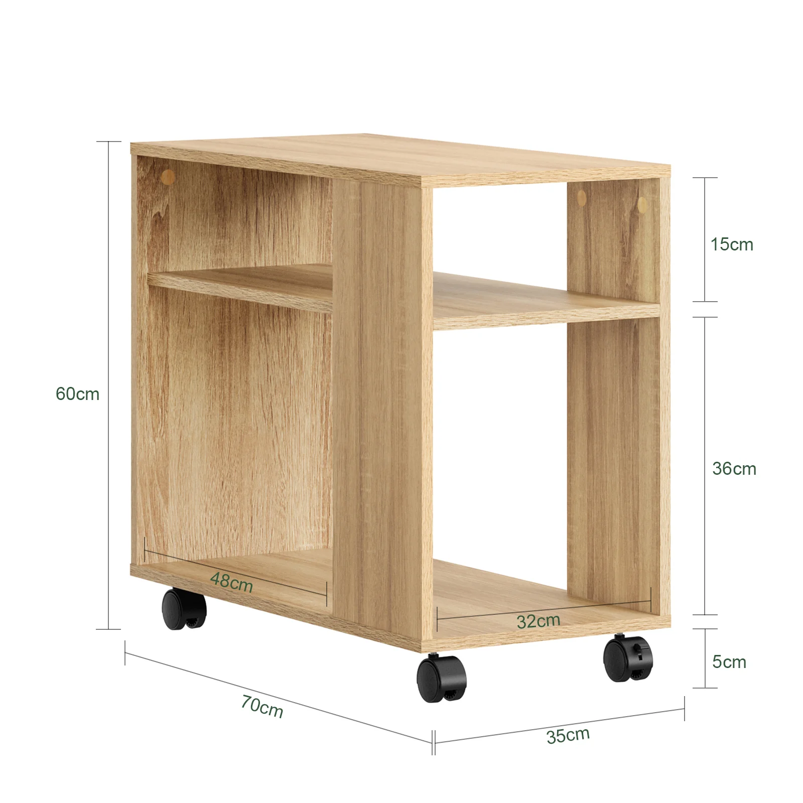 SoBuy FBT34-N Verrijdbare Bijzettafel met Wielen – 2-Laags Opbergtafel / Mobiele Boekenkast voor Woonkamer, Slaapkamer & Kantoor – 70×35×60 cm, Naturel - Image 4