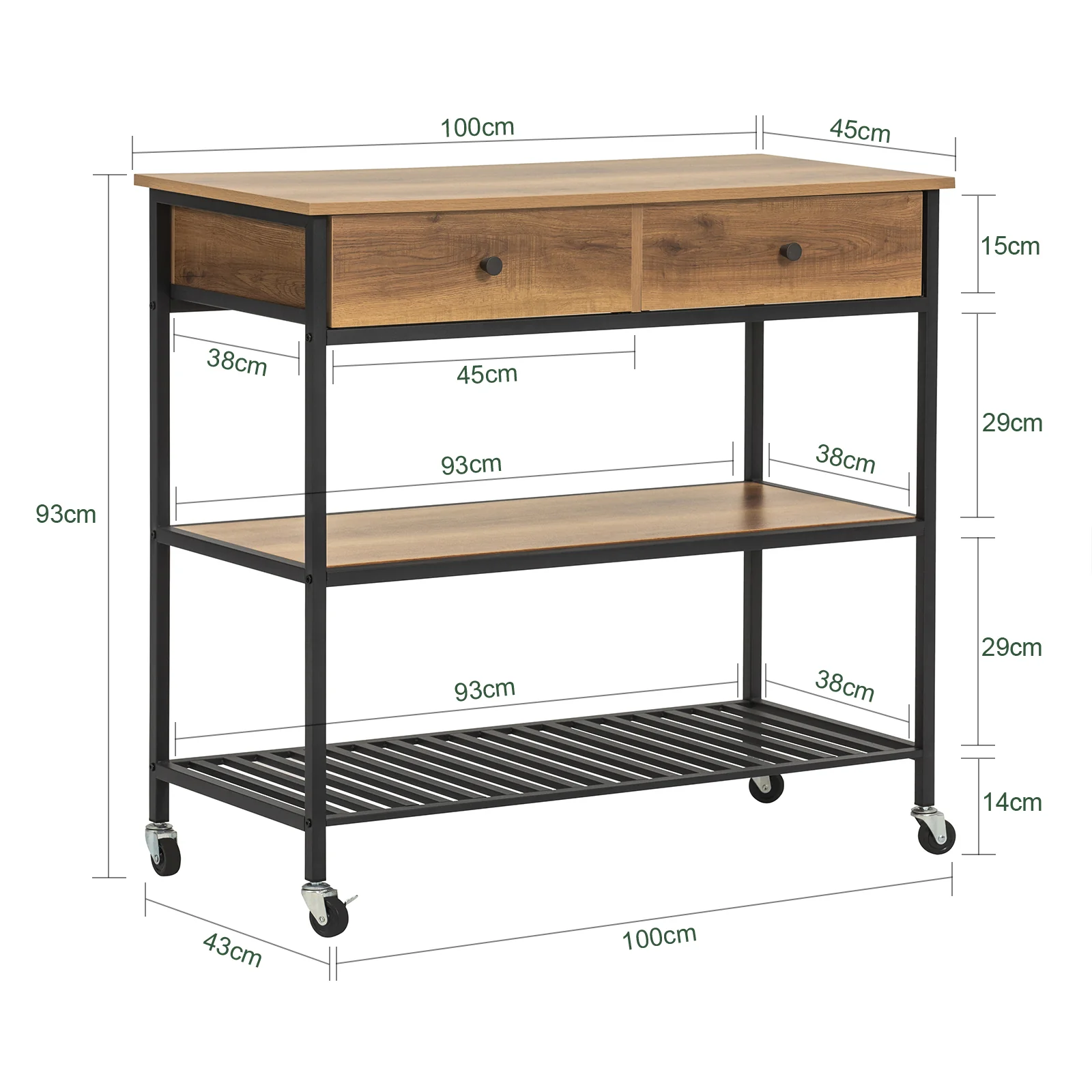 SoBuy FKW112-PF Keukentrolley met Wielen – Industriële Keukenkast met Werkblad, 2 Lades & 2 Open Planken, Compact Opbergmeubel voor Kleine Keukens (100x45x93 cm) - Image 5