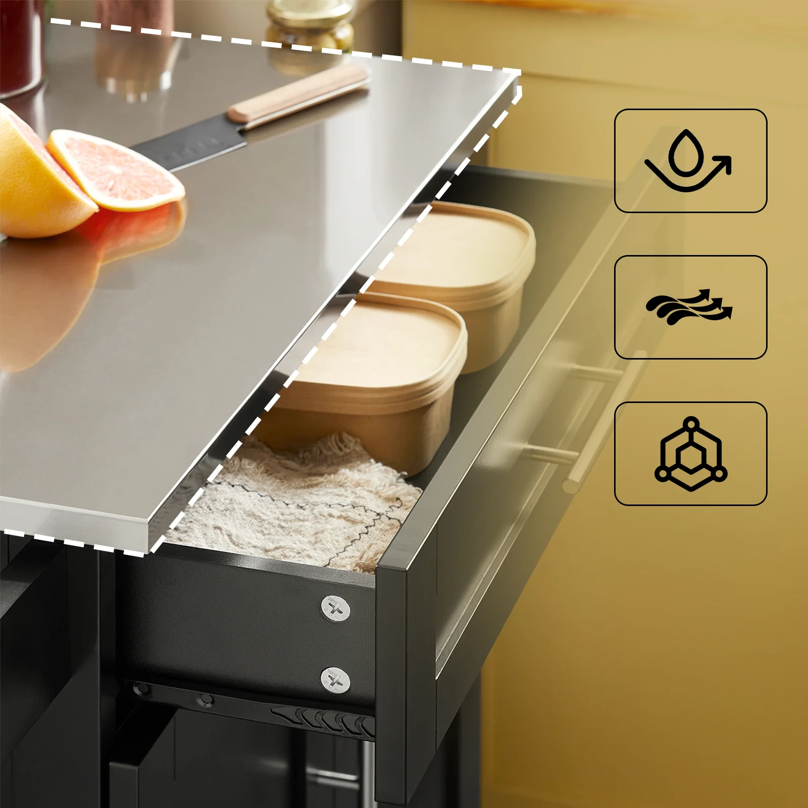 SoBuy FKW110-SCH Keukenkar met Werkblad op Wieltjes – Compact Keukenmeubel met Opbergruimte – 80×90×46 cm – Zwart - Image 7