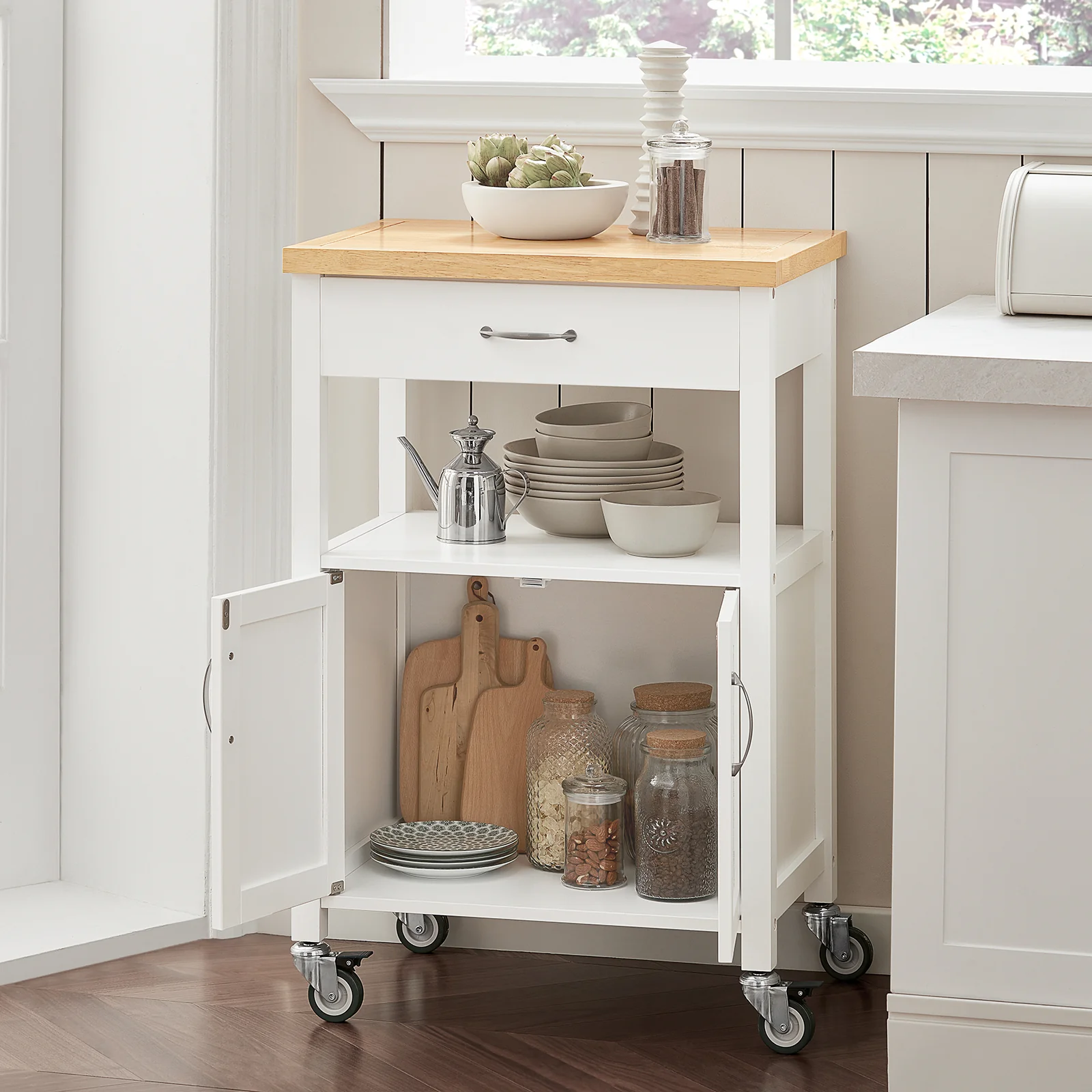 SoBuy FKW22-WN Keukenkast met Wielen en Werkblad | Compacte Keukenopslag, Multifunctionele Dienbladwagen voor Keuken, Buiten of Kamer | Wit 60x92x45cm - Image 4