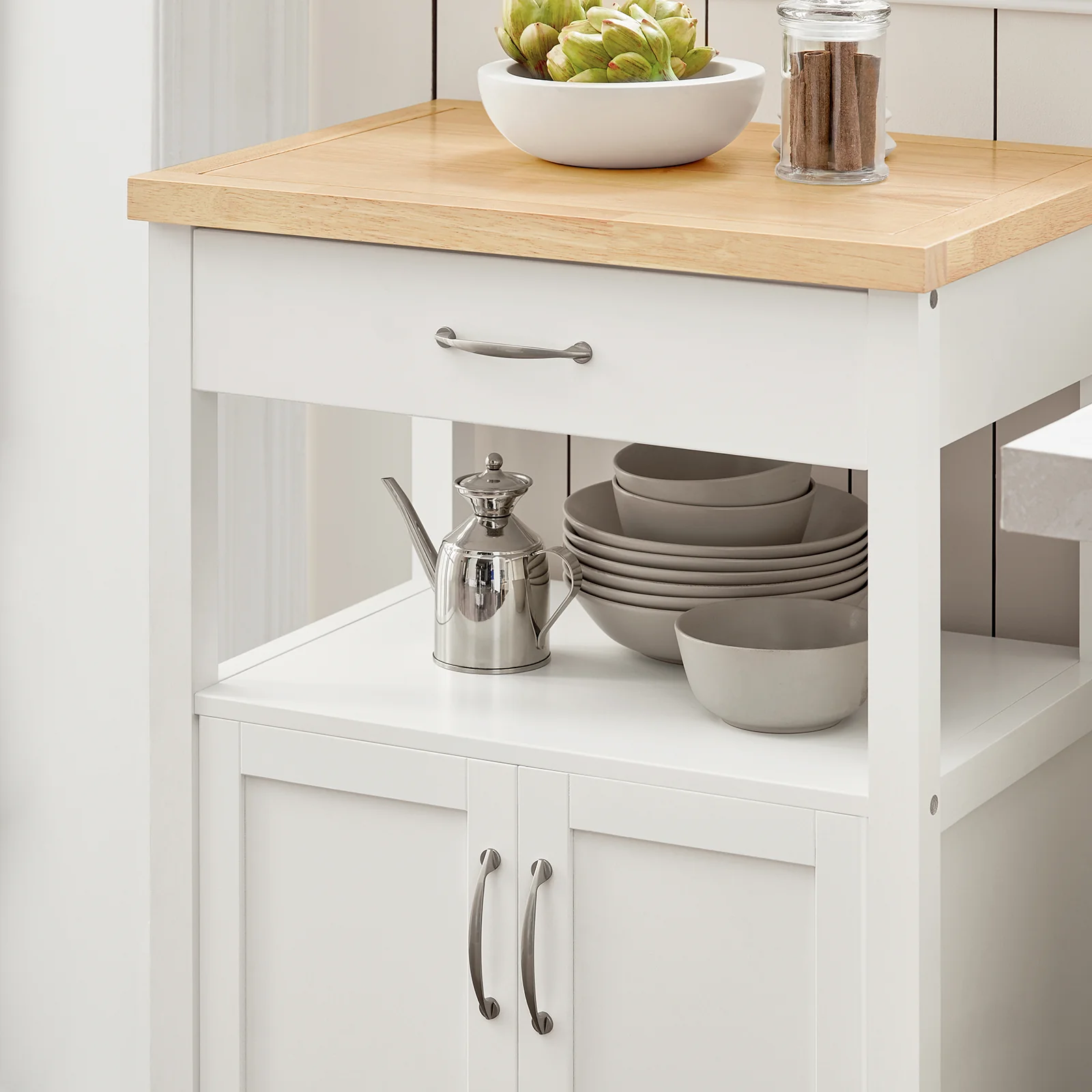 SoBuy FKW22-WN Keukenkast met Wielen en Werkblad | Compacte Keukenopslag, Multifunctionele Dienbladwagen voor Keuken, Buiten of Kamer | Wit 60x92x45cm - Image 8