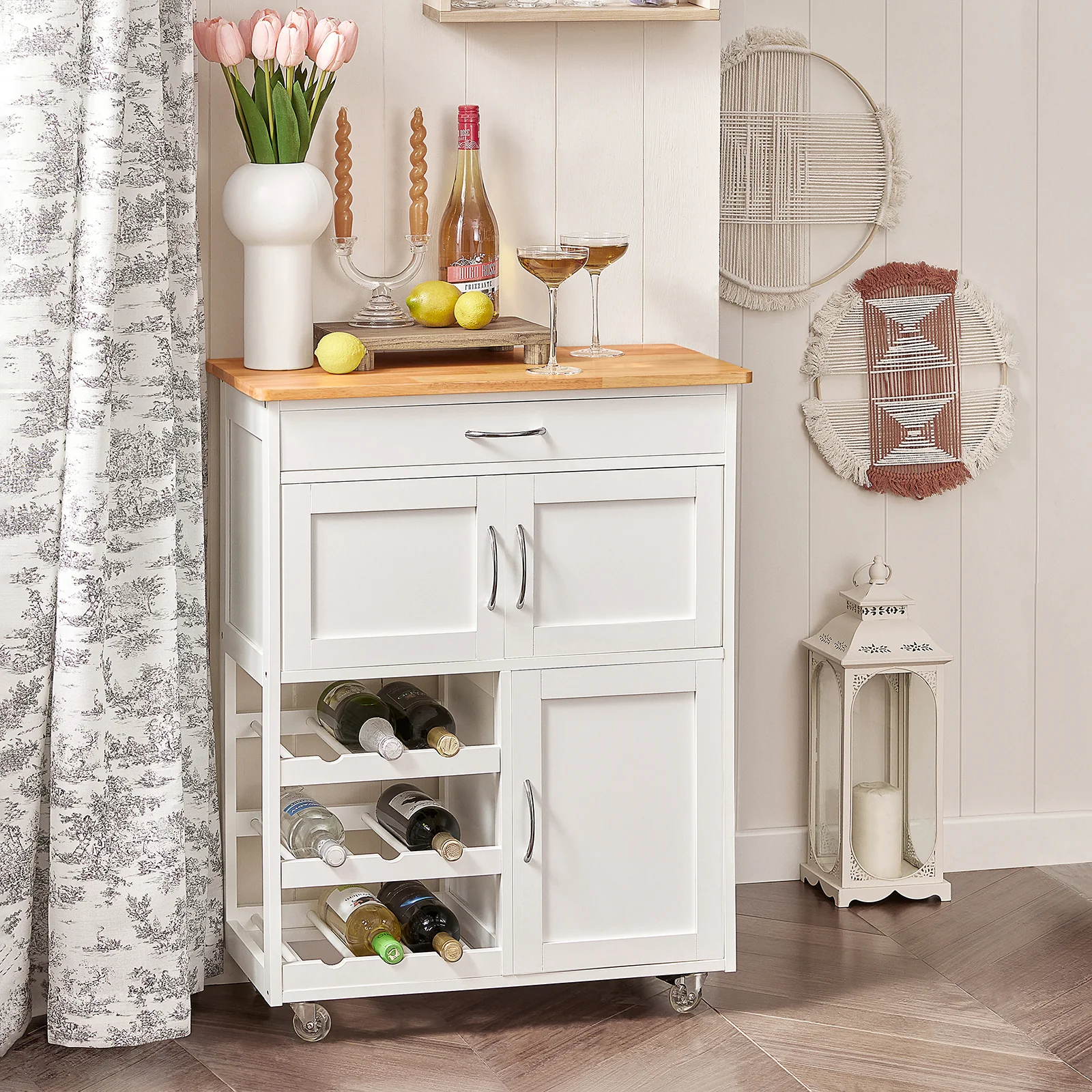 SoBuy FKW45-WN Keukenmeubel op wieltjes met werkblad – Keukentrolley met lades, flessenrek, compact kookeiland voor keuken, eetkamer en buitengebruik – Wit 67x86x38cm - Image 4