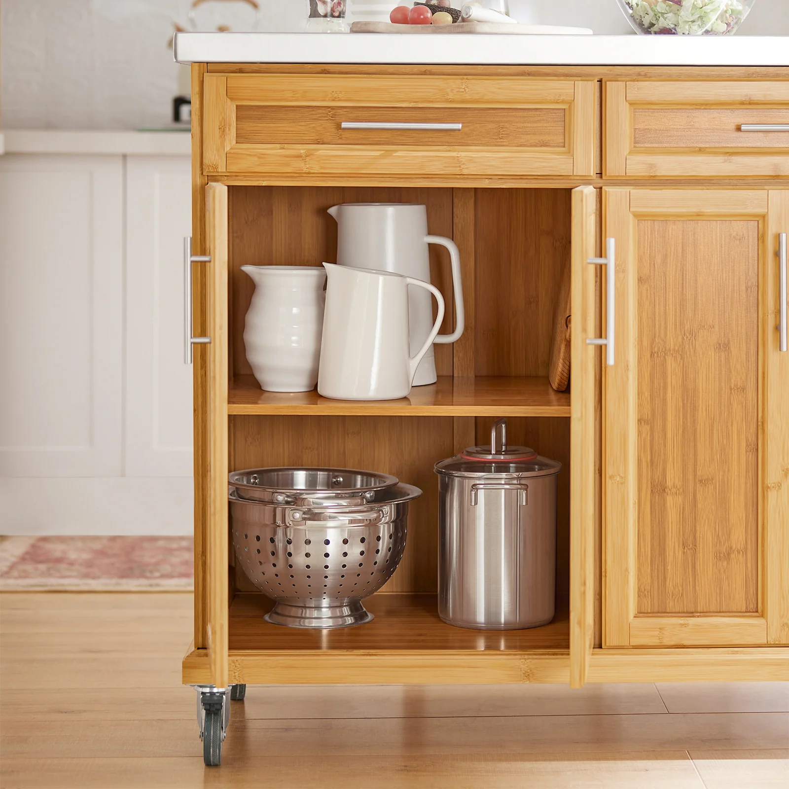 SoBuy FKW69-N Mobiele Keukenkast met Uittrekbaar Werkblad en 2 Lade - Centrale Keuken Eiland of Eetkamer Trolley met Opbergruimte (115x(46-71)x92 cm) - Image 16