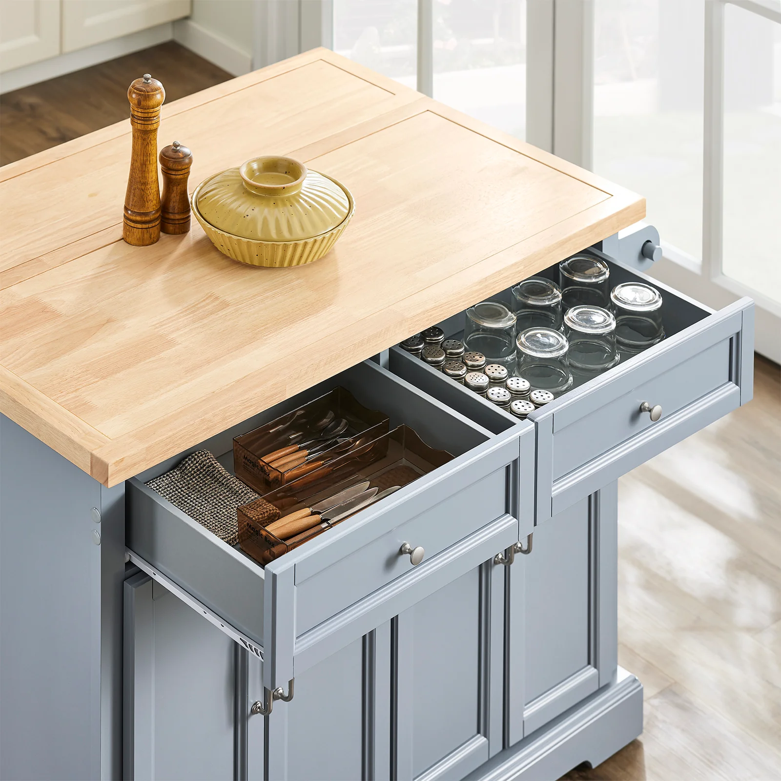 SoBuy FKW71-II-HG Keukentrolley met Wielen, Centrale Eiland met Uittrekbaar Werkblad Mobiele Keukenkast voor Keuken of Eetkamer, Keukenkast met Opslag Grijs115x46/71x92 cm - Image 13