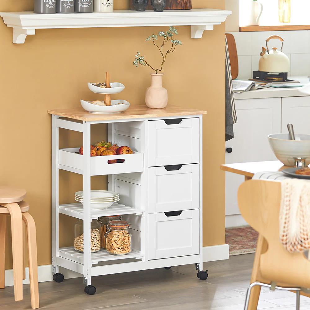 SoBuy FKW79-W Keukenkast op Wieltjes, Keuken Desserte met 3 Laden en 1 Verstelbaar Rek, Keukenopbergrek, L68xB38xH85cm, Wit - Image 3