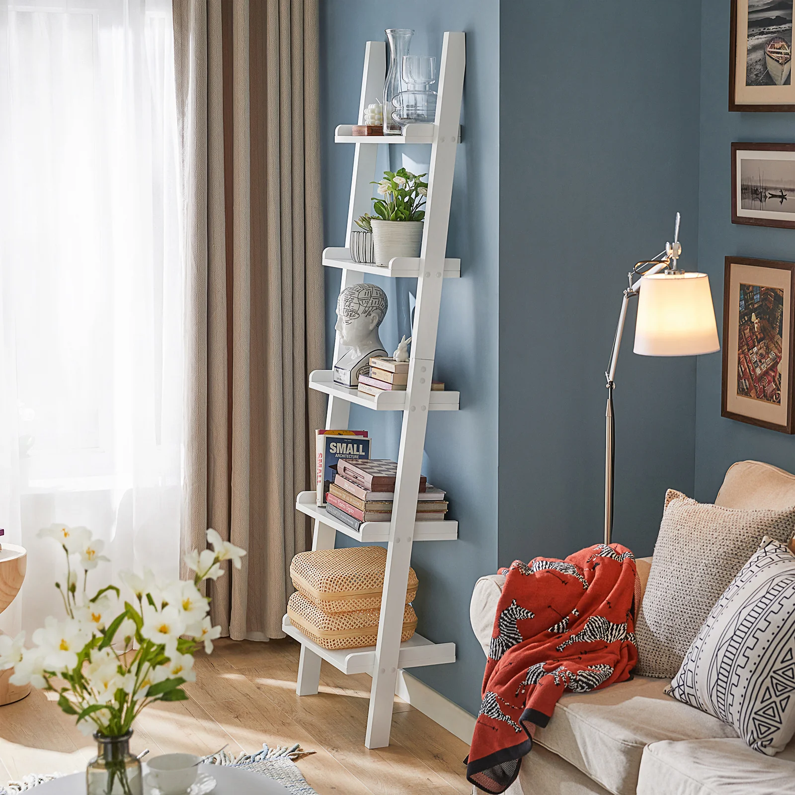 SoBuy FRG17-W Ladderrek - Opbergplank - Decoratie - Veelzijdig - Ladderplank - Image 4