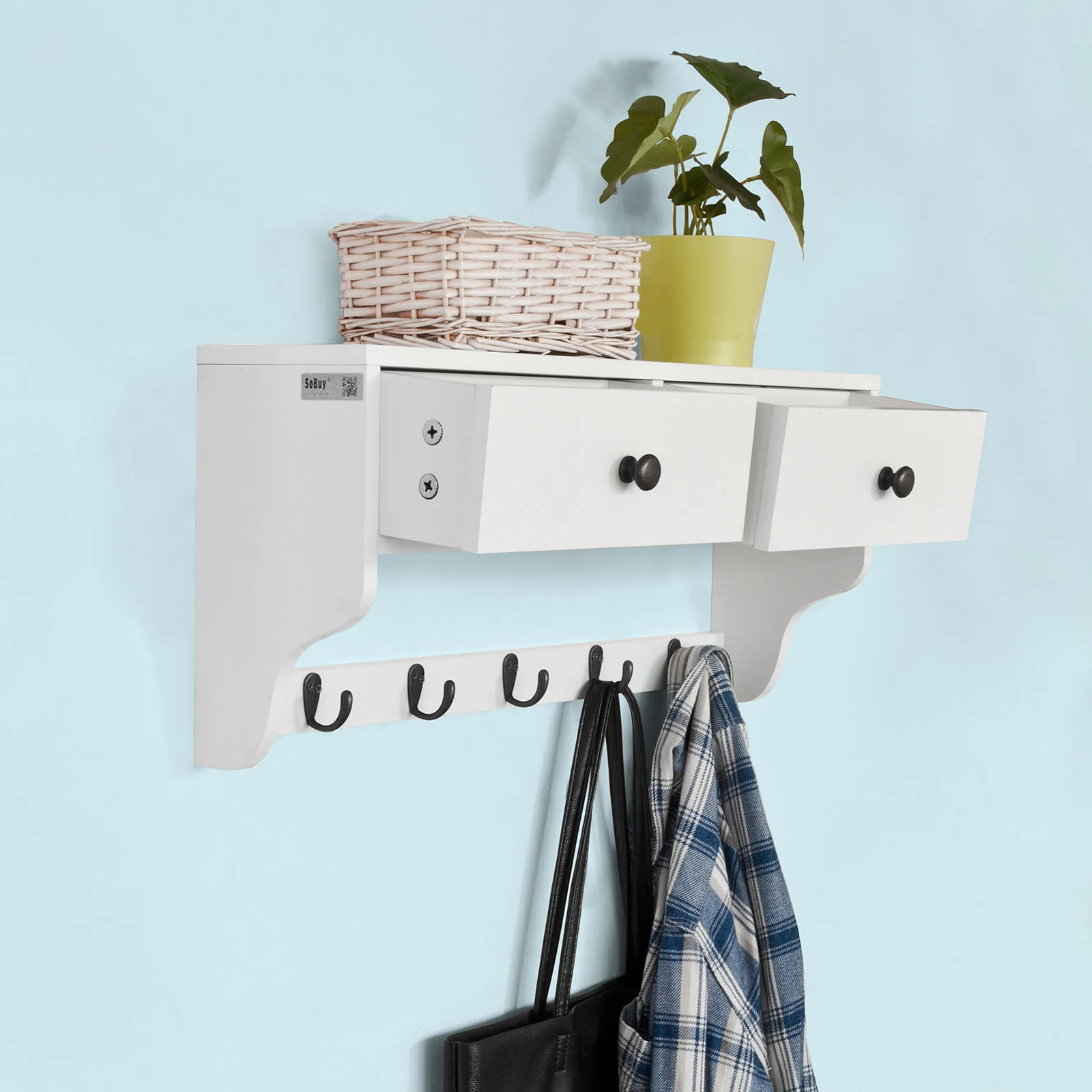 SoBuy FRG178-W wandkast wandgarderobe wandrek hangrek met 2 laden en 5 haken wit - Image 3