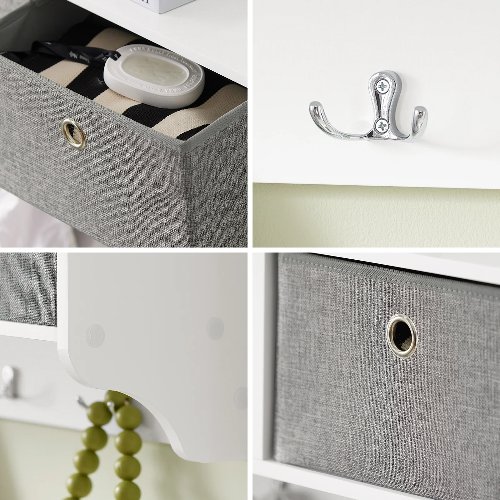 SoBuy FRG282-W Wandkapstok met 5 Haken en 3 Mandjes – Wandkapstok van Hout, Halmeubel met Plank – Hangende Kapstok voor Slaapkamer, Woonkamer, Badkamer – Wit 100x20x30cm - Image 6