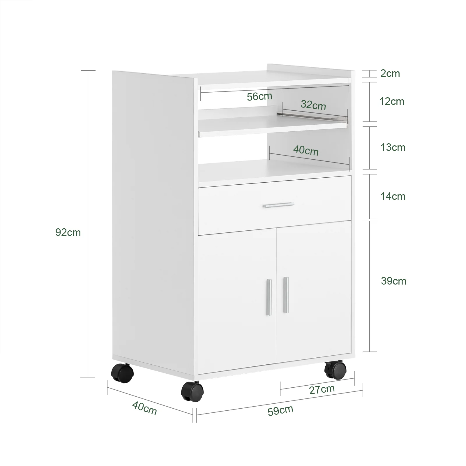 SoBuy FSB09-W – Keuken Trolley met Uittrekbaar Werkblad, Opbergrek & Magnetronkast – Wit – 92×59×40 cm - Image 5