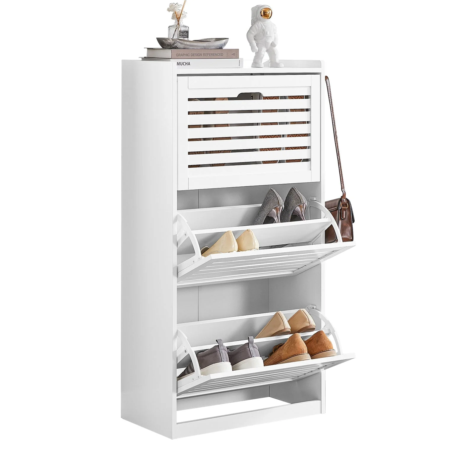 SoBuy FSR108-W Schoenenkast met 3 Kleppen en Zijkapstokken – Moderne Witte Schoenenkast voor de Hal – Ruimtebesparende Schoenenopbergkast 55x30x112 cm