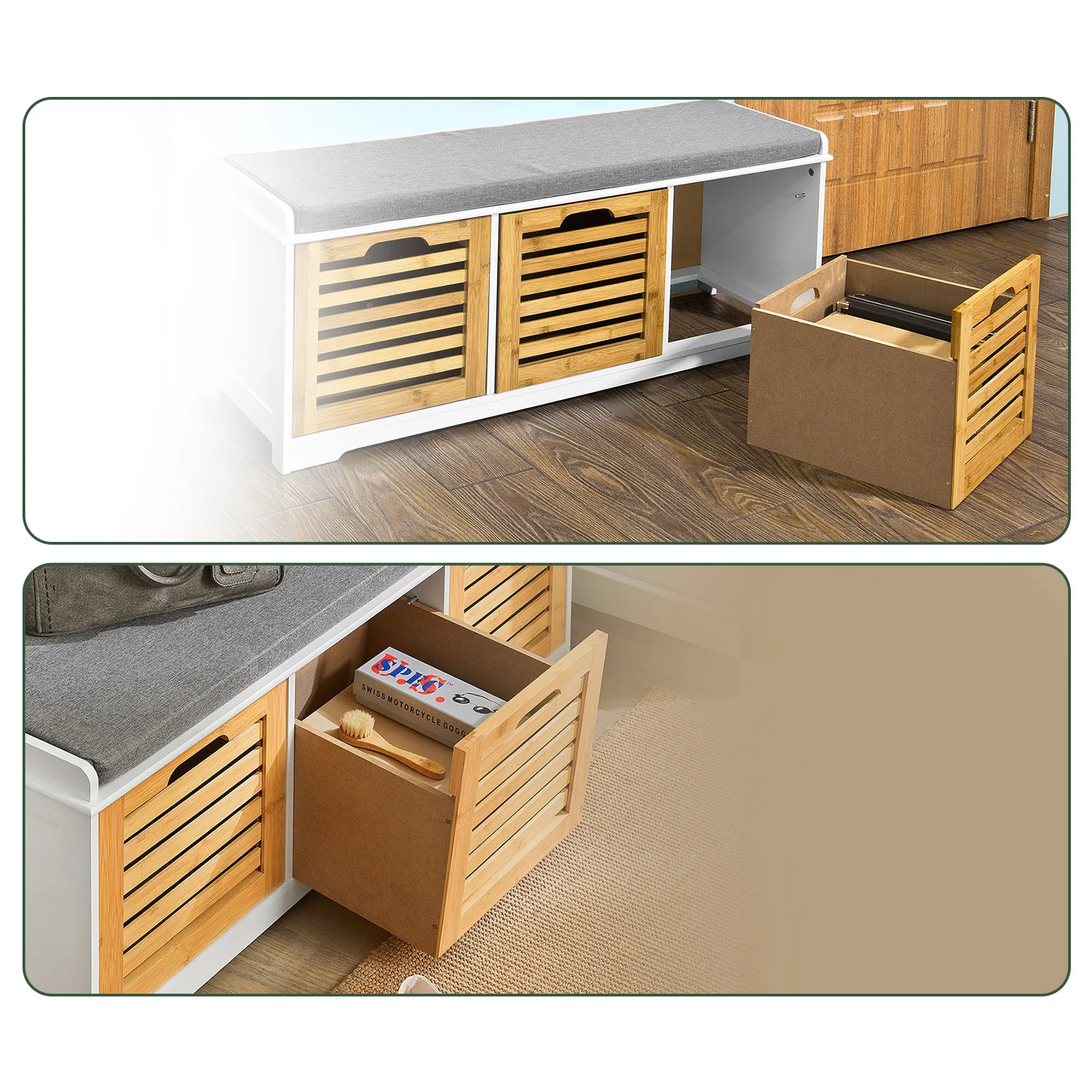 SoBuy FSR23-WN Schoenenbank met Kussentje en 3 Mandjes – Houten Opbergbank voor Hal of Gang – 105x35x43cm, Wit + Natuurlijk - Image 6