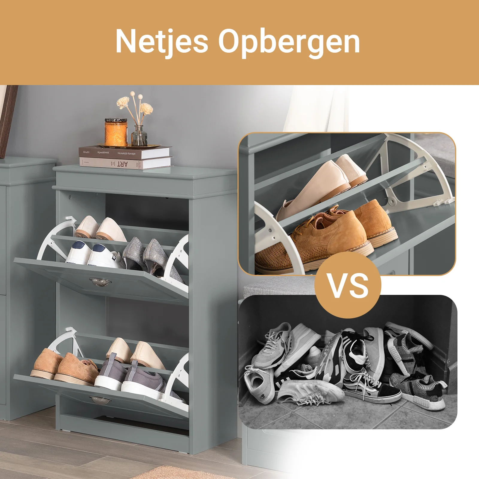SoBuy FSR78-HG Schoenenkast met 2 Omluisterde Deuren, Schoenenopbergmeubel voor Hal en Entree, 8 Paar Schoenen, 54x24x83 cm, Grijs - Image 3
