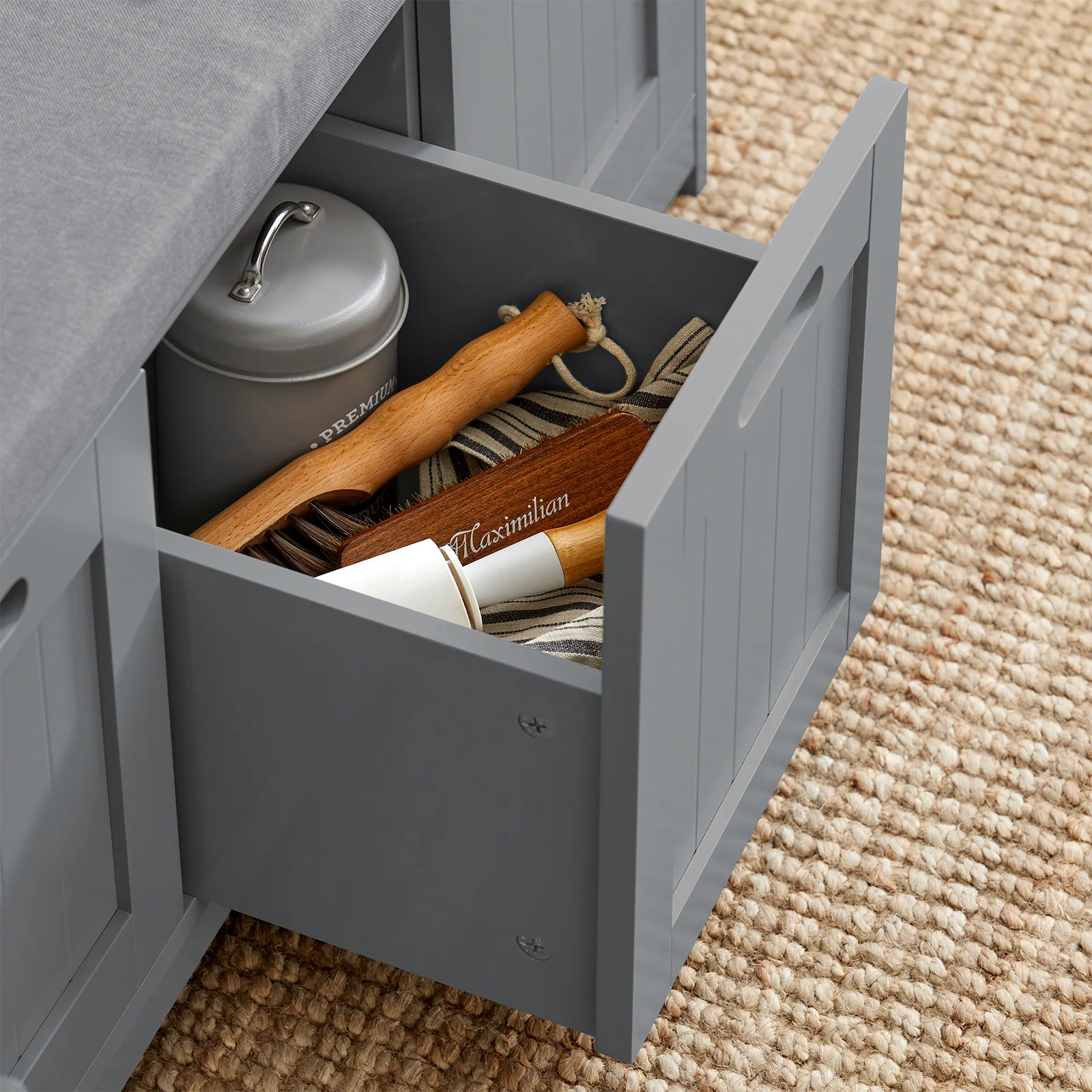 SoBuy FSR80-SG Schoenenkast met Zitbank – 2 Deuren, 1 Opbergvak & Gewatteerd Kussen – Lichtgrijs – Perfect voor Hal, Slaapkamer & Woonkamer – 90×35×45 cm, Max. 120 kg - Image 8