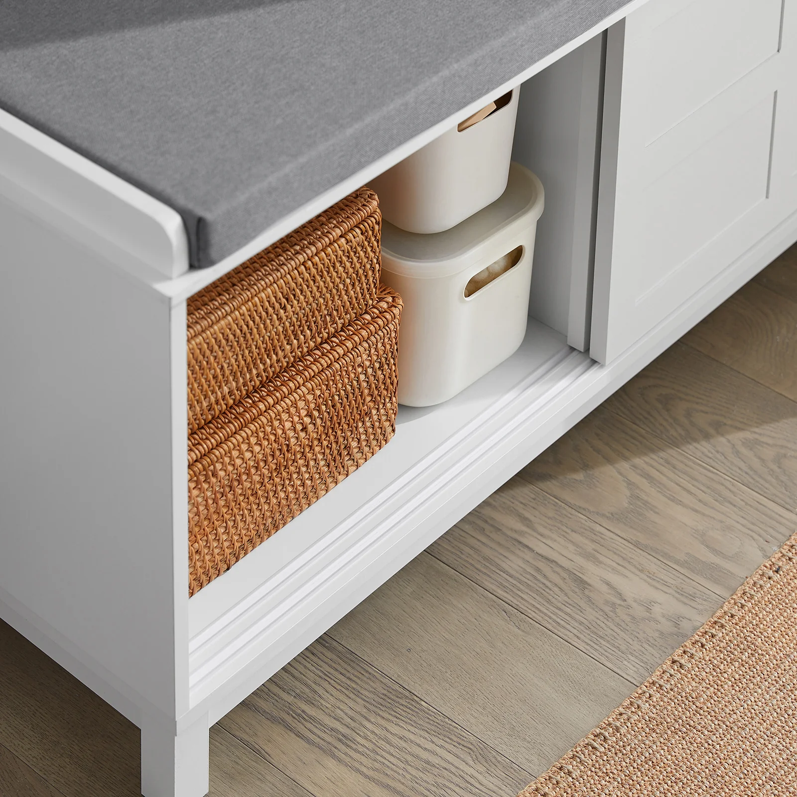 SoBuy FSR86-W Schoenenbank met Zachte Zitting – Schoenenkast met 2 Schuifdeuren, Verborgen Opbergruimte en Comfortabele Zitbank – Houten Bank voor Hal, 114x40x53 cm - Image 9