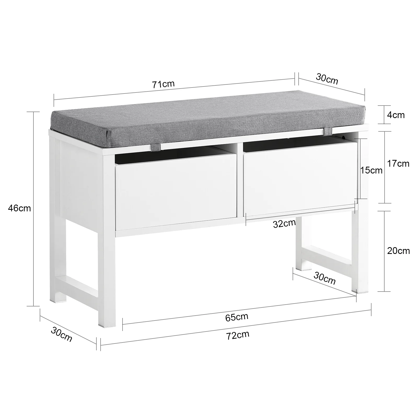 SoBuy FSR88-W Schoenenbank met Opbergvak en Comfortabel Kussen – Witte Opbergkast met Twee Lades – Ideaal voor Hal, Slaapkamer & Woonkamer - Image 5