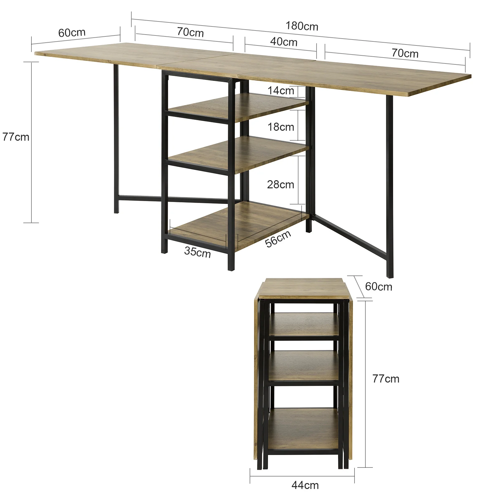 SoBuy FWT62-N klaptafel met 2 kleppen en 3 opslagplanken, Opvouwbare Keukentafel, Opklapbare Eettafel, Ruimtebesparend - Image 5