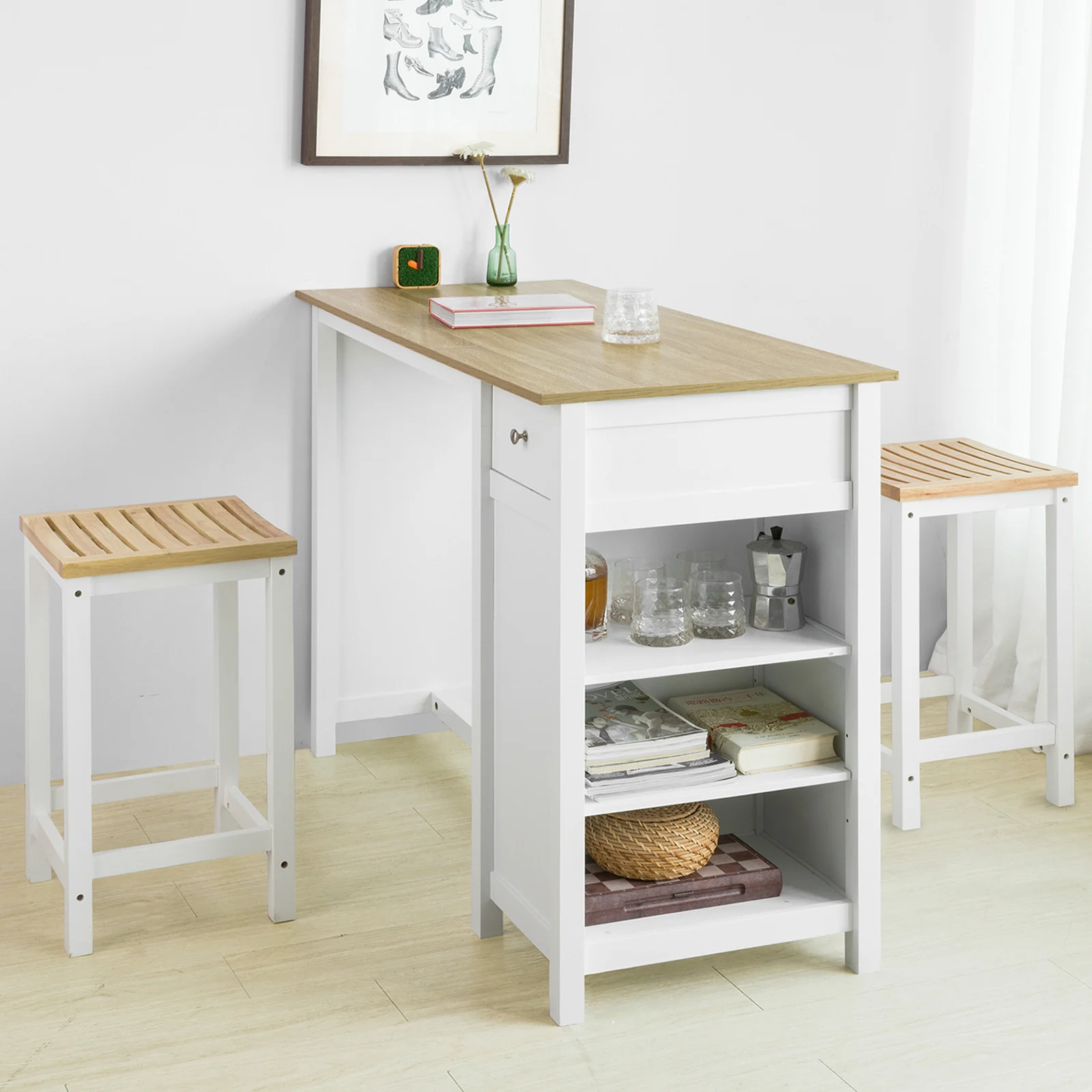 SoBuy FWT64-WN Bar Tafel Keukentafel Bartafel Bistrotafel Kookeiland met 1 Lade en 3 Planken - Image 4