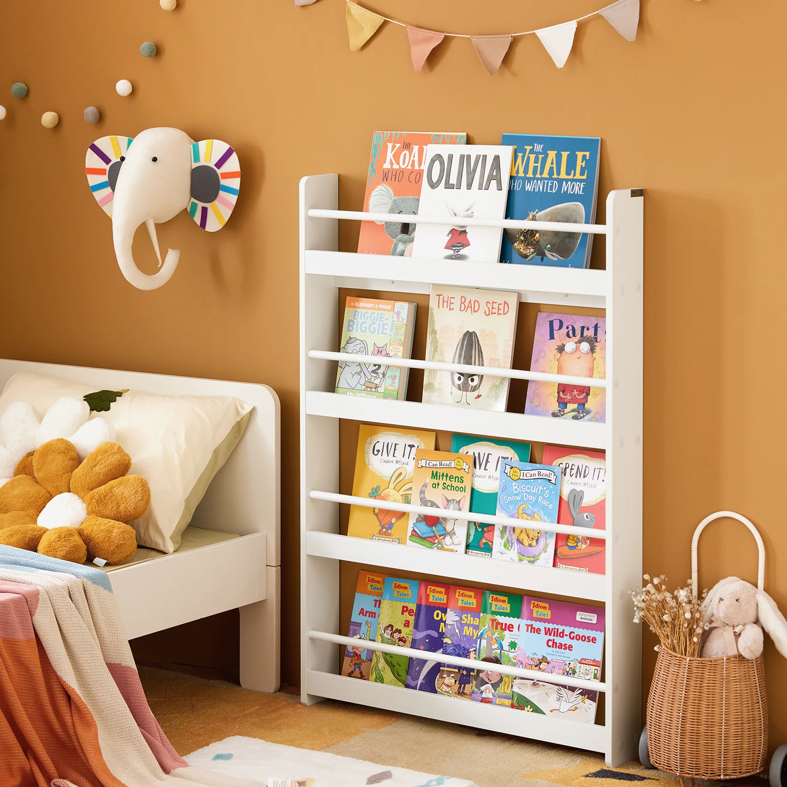 SoBuy KMB08-K-W Boekenplank voor Kinderen Kinderplank Wandboekenkast Wandplank met 4 planken voor boeken – Wit - Image 3