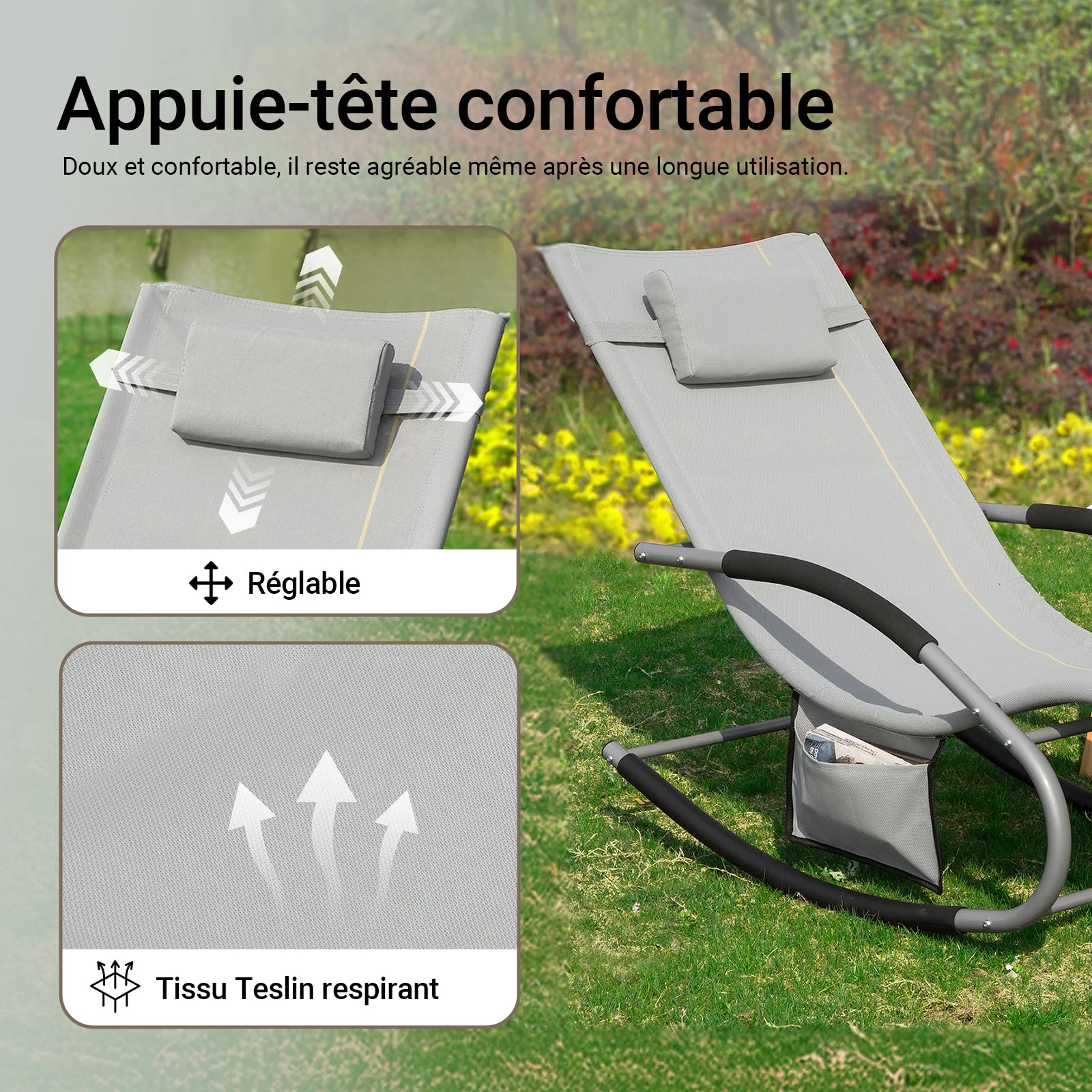 SoBuy OGS28-HG | Ligstoel | Tuinstoel | Swingstoel | Schommelstoel | Ergonomische | met Verstelbare Hoofdsteun en Zijzak | Grijs - Image 17