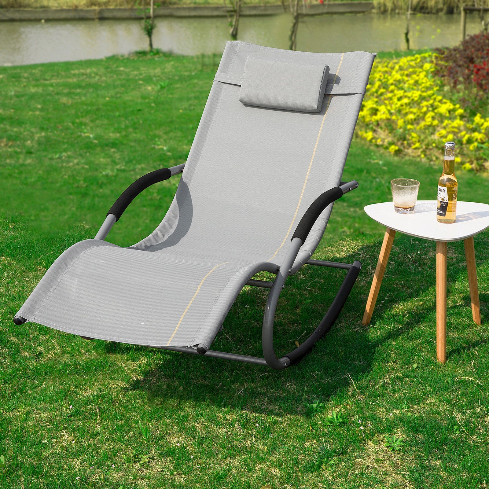 SoBuy OGS28-HG | Ligstoel | Tuinstoel | Swingstoel | Schommelstoel | Ergonomische | met Verstelbare Hoofdsteun en Zijzak | Grijs - Image 3