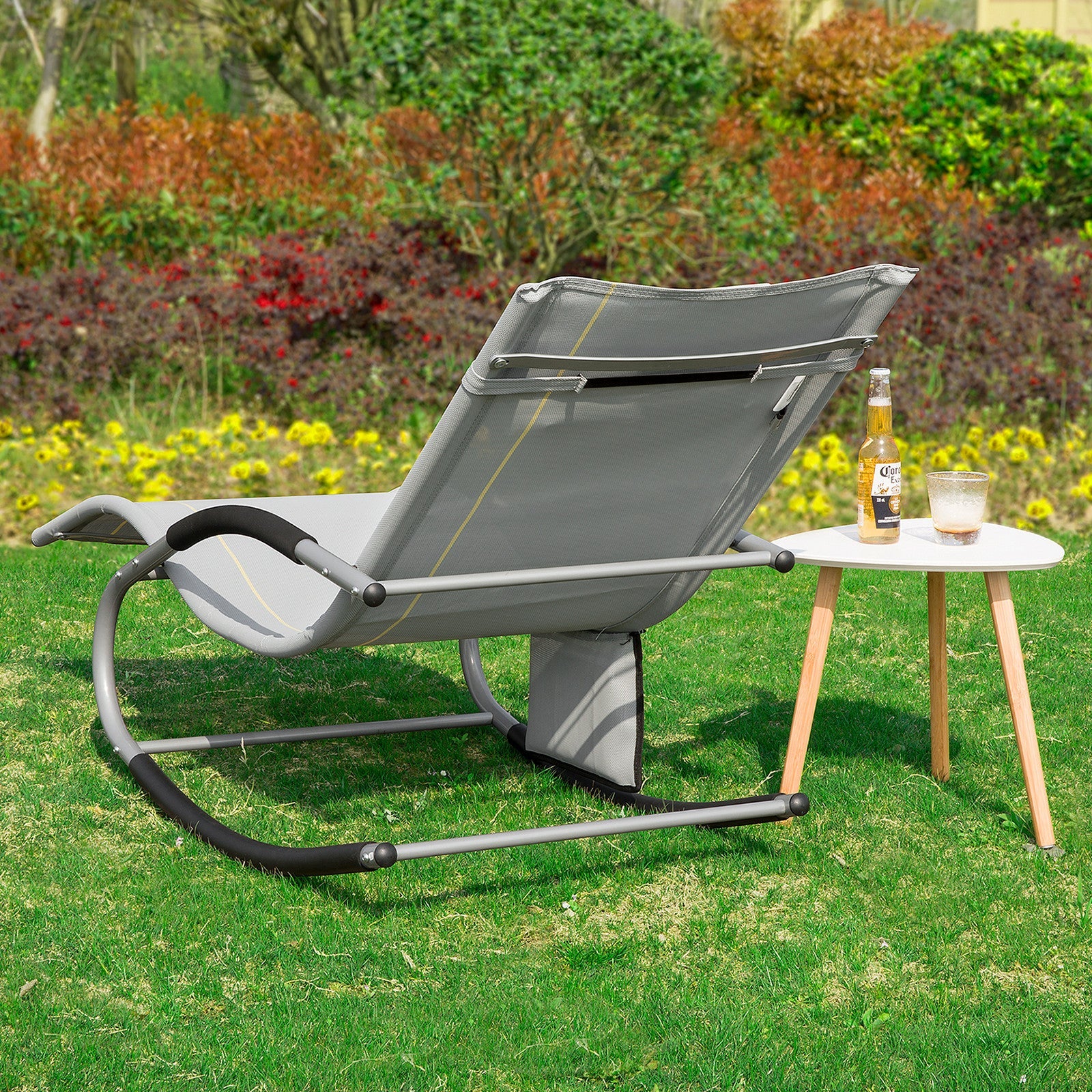 SoBuy OGS28-HGx2 | Set van 2 | Ligstoel | Tuinstoel | Swingstoel | Schommelstoel | Ergonomische | met Verstelbare Hoofdsteun en Zijzak | Grijs - Image 3