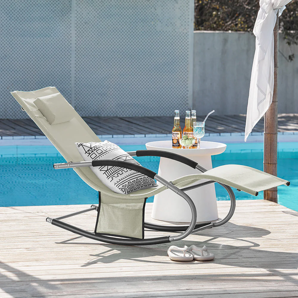 SoBuy OGS28-MIx2 | Set van 2 | Ligstoel | Tuinstoel | Swingstoel | Schommelstoel | Ergonomische | met Verstelbare Hoofdsteun en Zijzak | Beige - Image 3