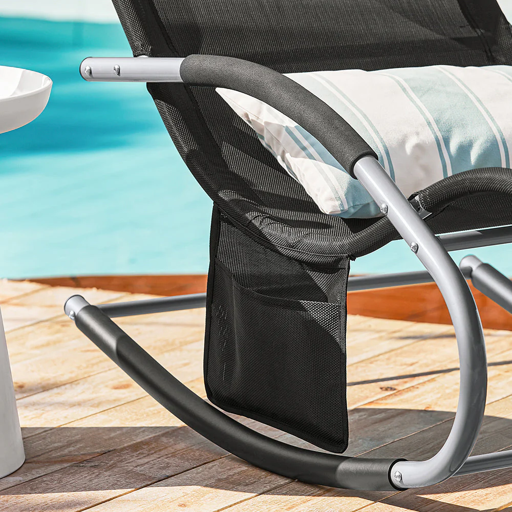 SoBuy OGS28-SCH | Ligstoel | Tuinstoel | Swingstoel | Schommelstoel | Ergonomische | met Verstelbare Hoofdsteun en Zijzak | Zwart - Image 4