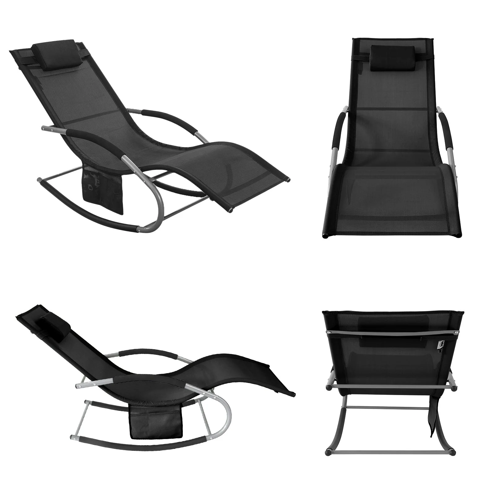 SoBuy OGS28-SCH | Ligstoel | Tuinstoel | Swingstoel | Schommelstoel | Ergonomische | met Verstelbare Hoofdsteun en Zijzak | Zwart - Image 8