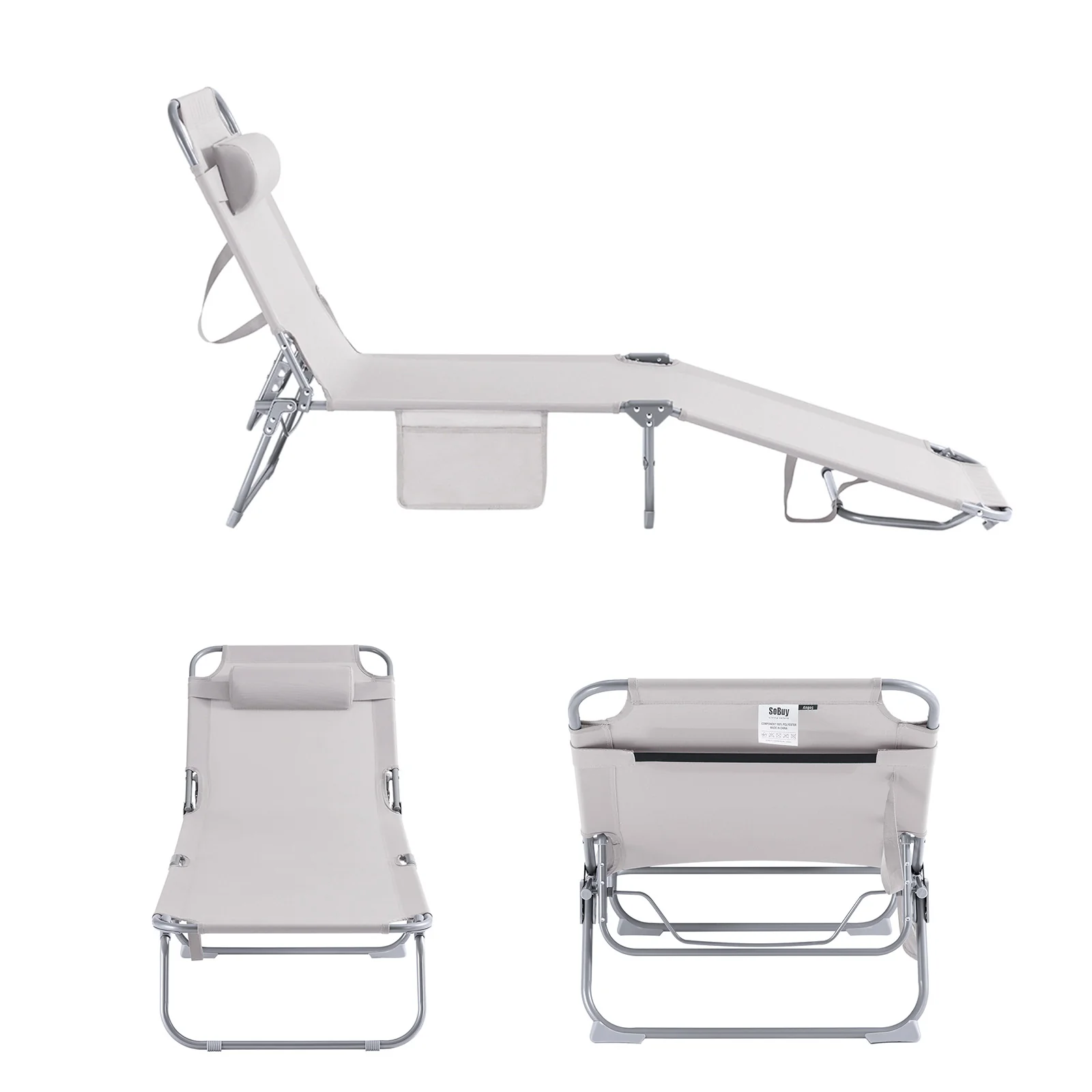 Pre-order SoBuy Opvouwbare Ligstoel, Verstelbare Tuinligstoel met Hoofdsteun en Opbergzak, Ergonomische Relaxstoel voor Buiten,Tuin, Balkon en Terras, Beige, OGS35-MI - Image 13