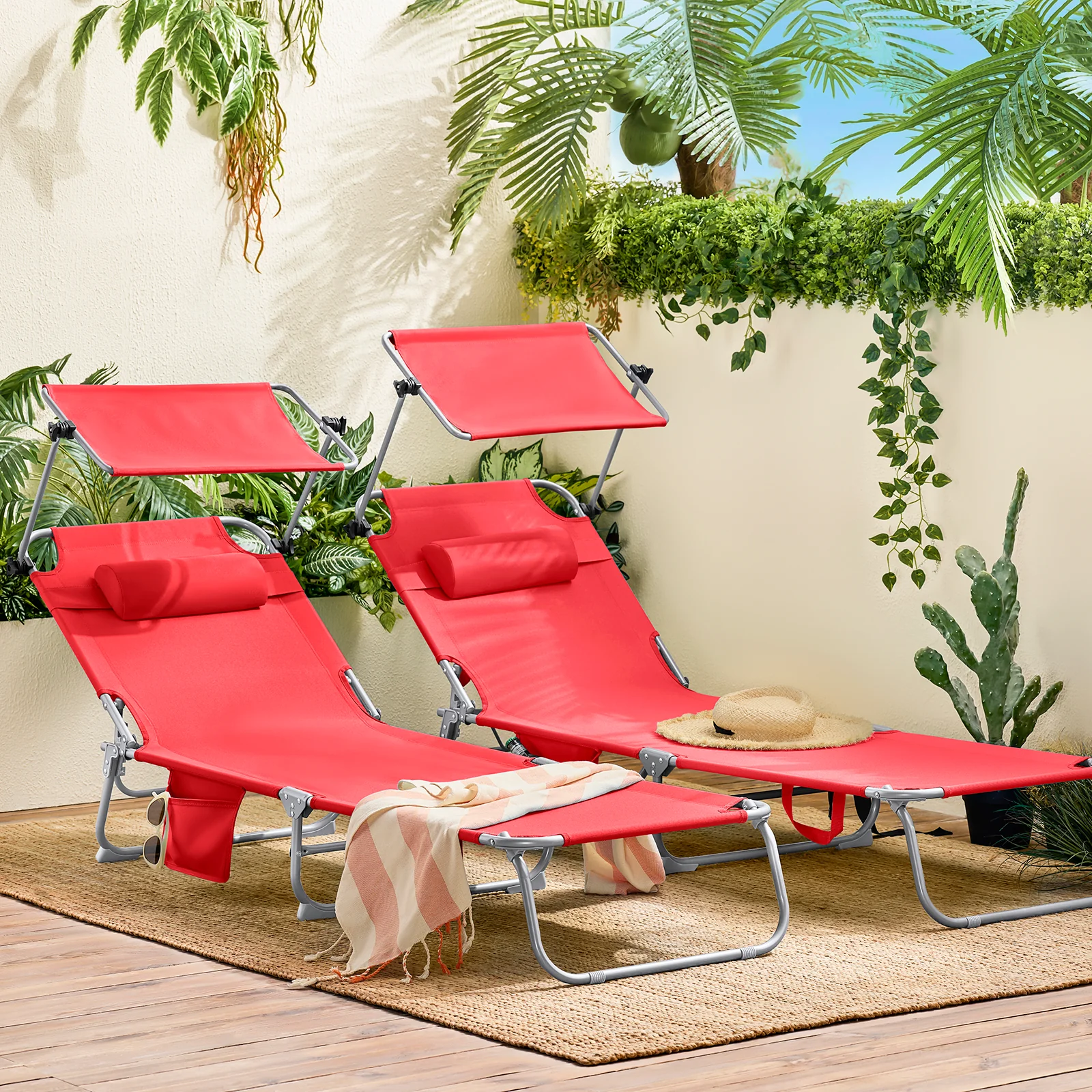 SoBuy Opvouwbare Ligstoel met Verstelbare Luifel, Tuinligstoel met 4 Ligposities, Lounge stoel, Zonnekap, voor Zwembad, Tuin, Patio, Kamperen, Strand, Camping, Rood,OGS48-R - Image 3