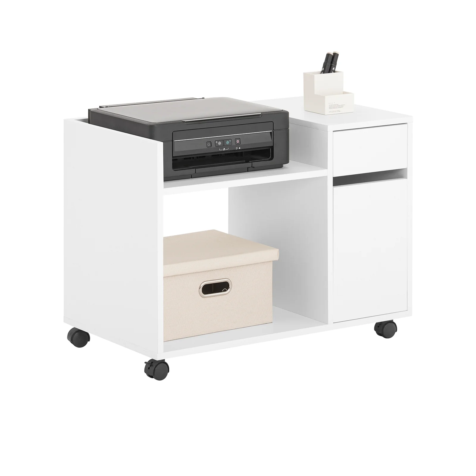 SoBuy ASK02-W Bureaukast met wieltjes, rolprinterhouder, organizer voor kantoor, opbergkast met laden, 72 x 40 x 54 cm, wit