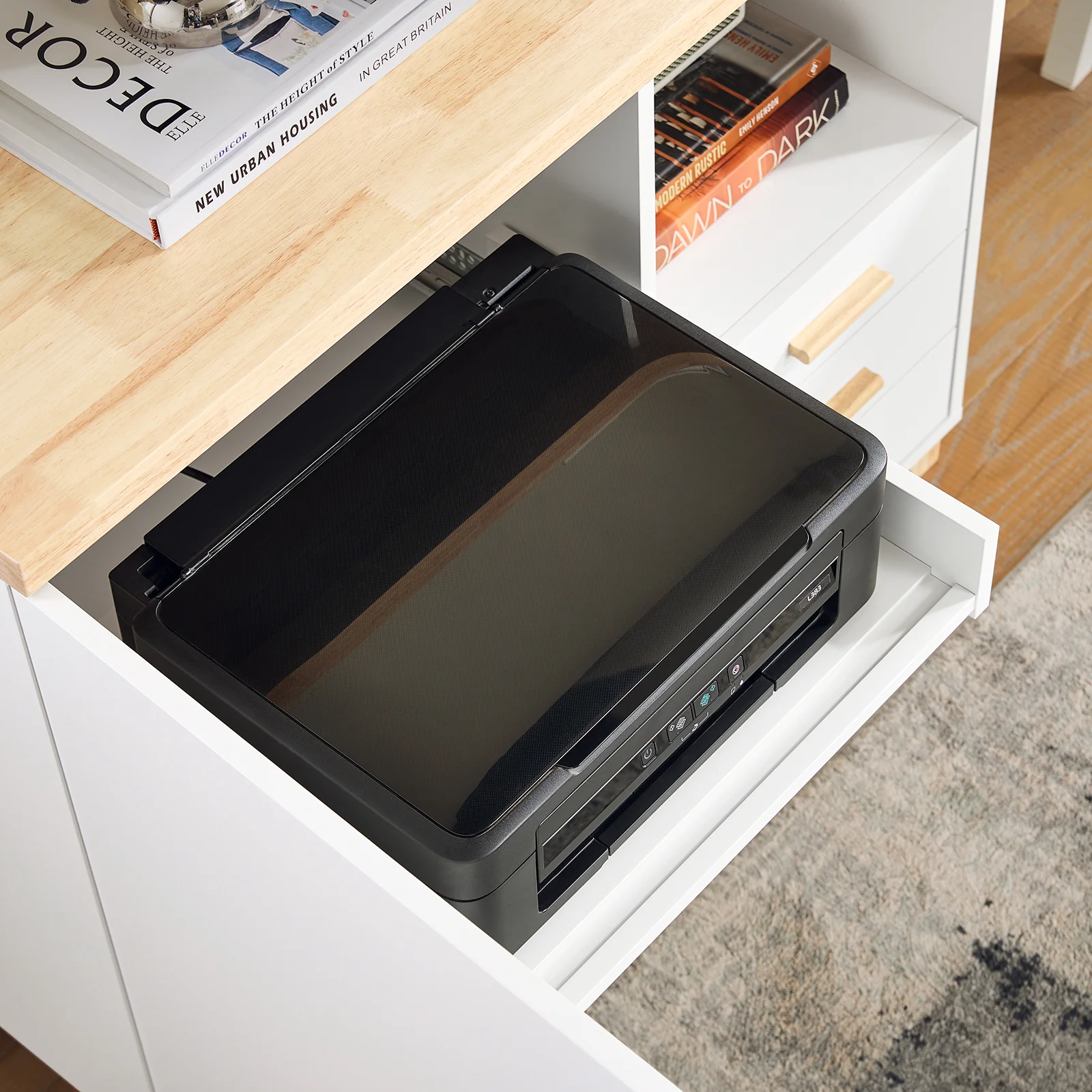 SoBuy ASK07-WN Bureau Ladekast met 3 Lades & Open Opbergvak – Printerstandaard en Bureau Opbergkast, Wit/Naturel 90x45x75 cm - Image 8