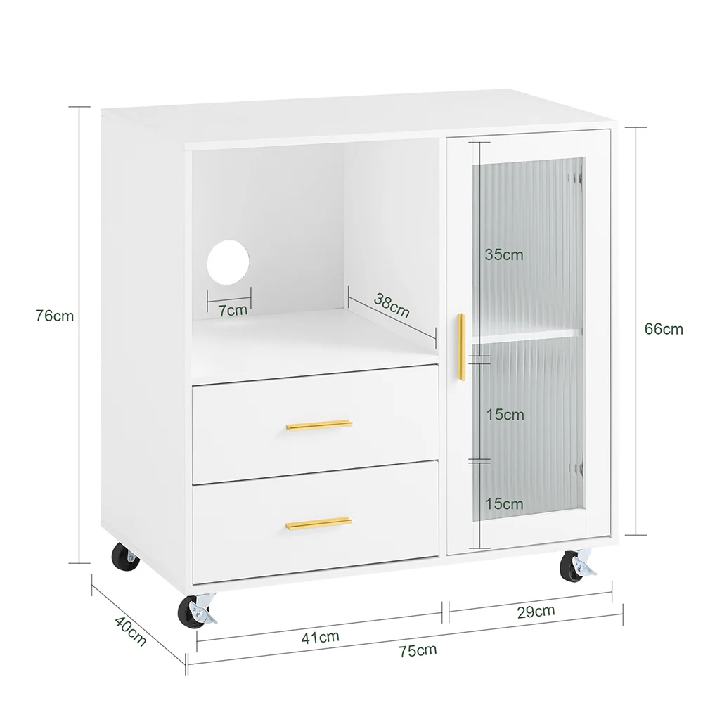 SoBuy ASK09-W Bureaukast met wieltjes, rolprinterhouder, bureau-organizer, opbergkast voor kantoor, opbergdoos met 2 laden, 1 glazen deur - Image 4