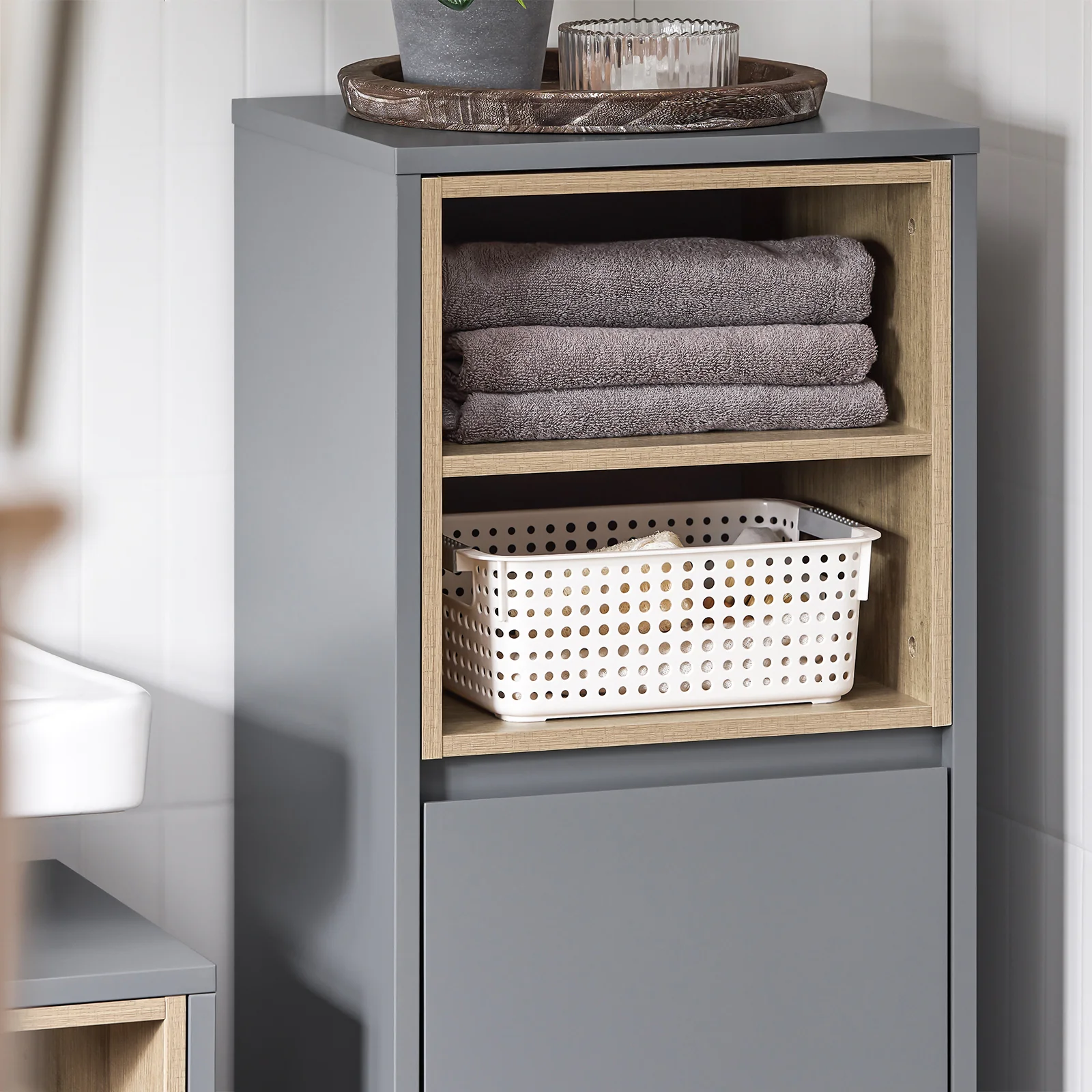 SoBuy BZR146-DG Badkamerkast met wasmand Opbergmeubel badkamer - Image 9