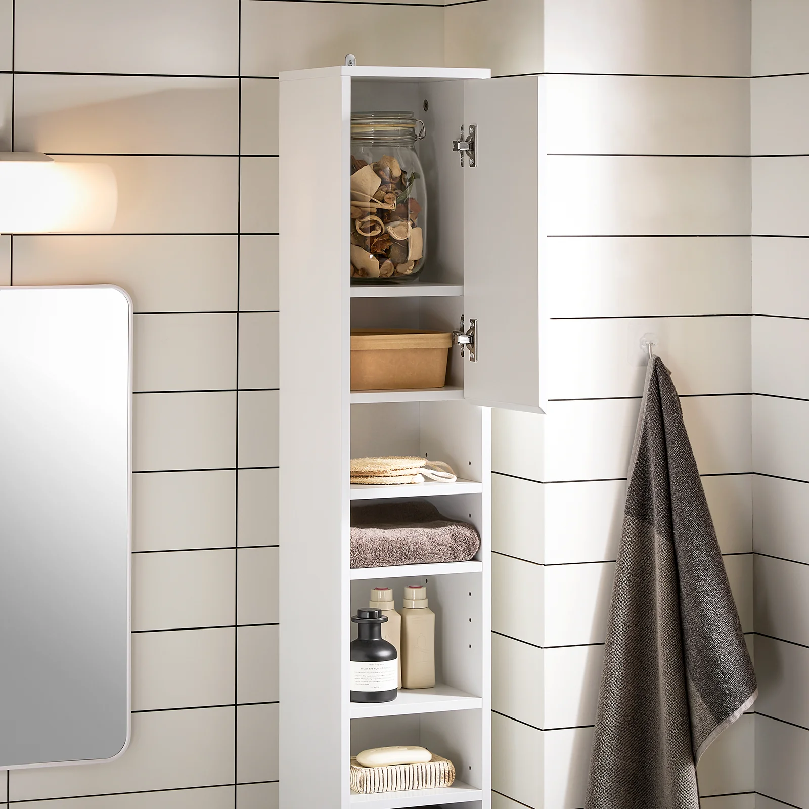 SoBuy BZR160-W Badkamer Kolom 20x180x20 cm, Smal WC Opbergmeubel, Badkamerkast met Deuren, Lade, Planken, Ruimtebesparende Hoge Kast - Image 12