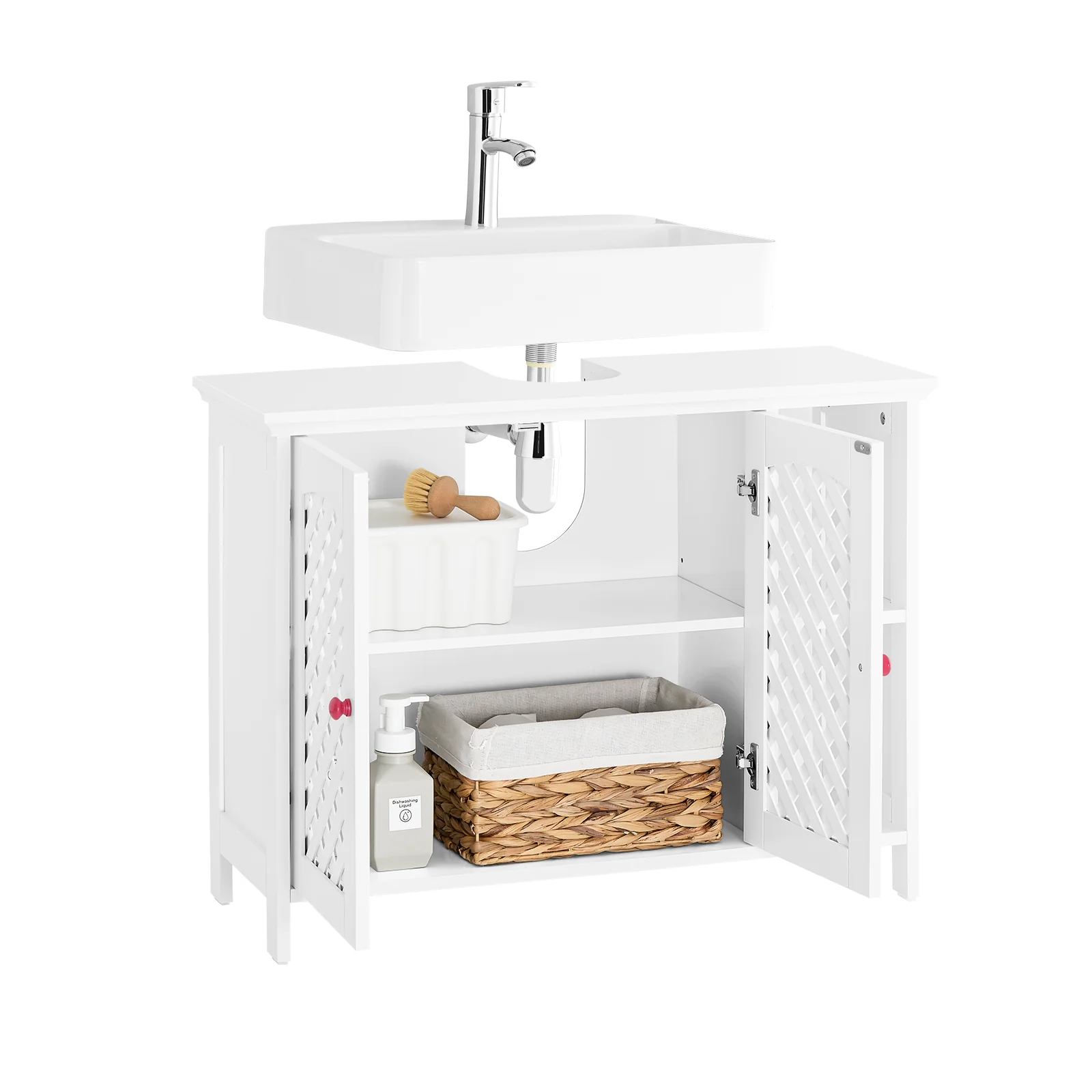 SoBuy BZR210-W Onderkast voor wastafel met 2 deuren en open nis – wastafelkast van MDF E1, verstelbaar rek, belasting 42 kg – badkamerkast 80 x 31,5 x 60,5 cm