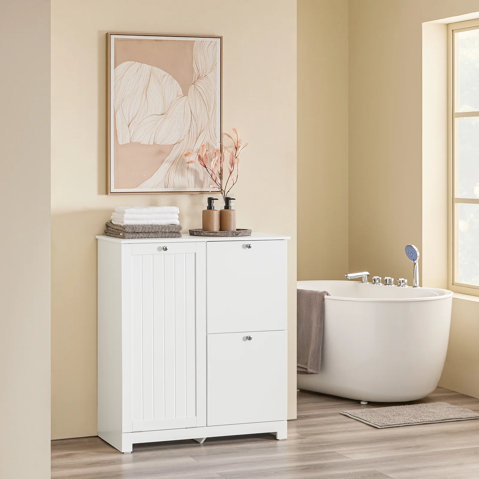 SoBuy BZR213-W Badkamermeubel met 3 wasmanden, smalle opbergzuil, 78 x 38 x 90 cm, met 1 grote geïntegreerde mand en 2 afneembare stoffen manden, ruimtebesparende badkamerkast - Image 4