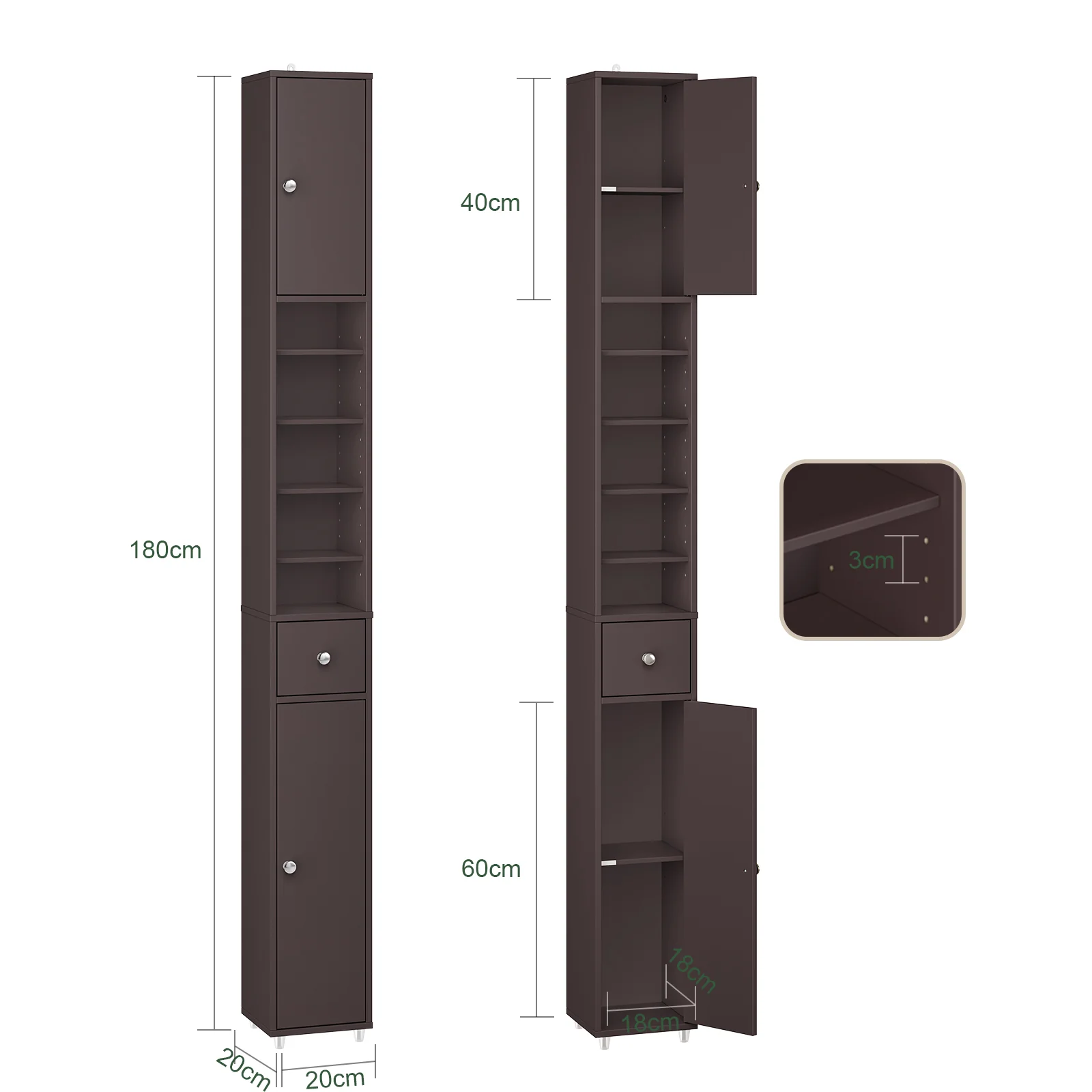 SoBuy BZR34-II-BR Hoge Badkamerkast – Smalle Opbergkast voor Badkamer– Vrijstaand Slank Badkamermeubel, Waterbestendig MDF met Verstelbare Planken en Lade, Donkerbruin, B20 x D20 x H180cm - Image 5