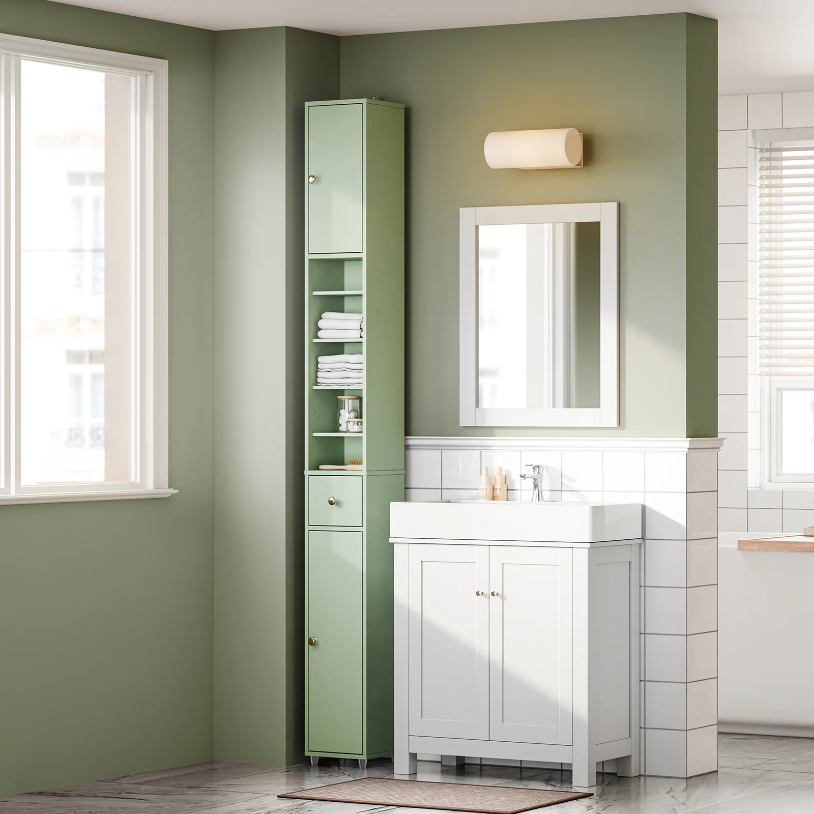 SoBuy BZR34-II-GR Hoge Badkamerkast - Vrijstaande Smalle Badkamerkast, Waterbestendig met Verstelbare Planken en Lade - Compacte Badkamermeubel van Hout, Lichtgroen, B20 x D20 x H180cm - Image 3