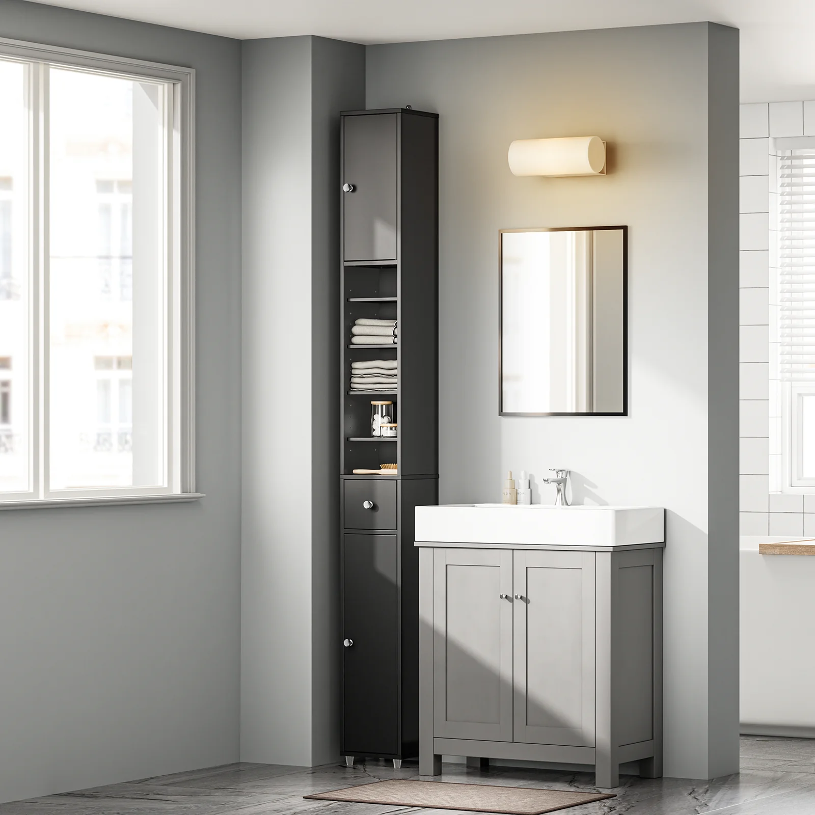 SoBuy BZR34-II-SCH Hoge Badkamerkast – Smalle Opbergkast – Badkamerkolom, Kolomkast met Verstelbare Planken en Lade, Waterbestendig MDF, voor Badkamer, Woonkamer, Slaapkamer, Zwart, 20x20x180 cm - Image 3