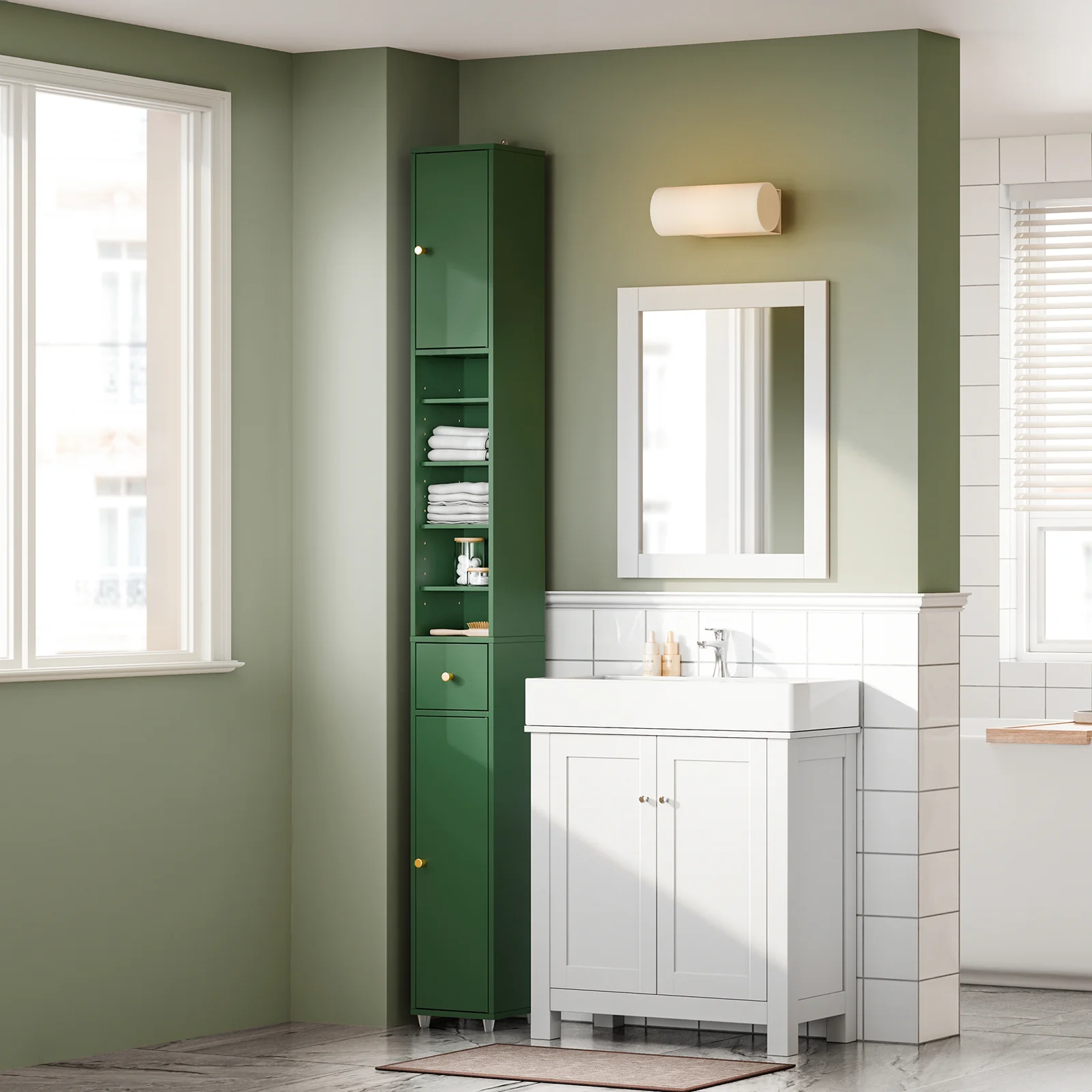 SoBuy BZR34-II-SY Hoge Badkamerkast – Smalle Opbergkast voor Badkamer– Vrijstaand Compacte Badkamermeubel, Waterbestendig met Verstelbare Planken en Lade, Donkergroen, B20 x D20 x H180cm - Image 3