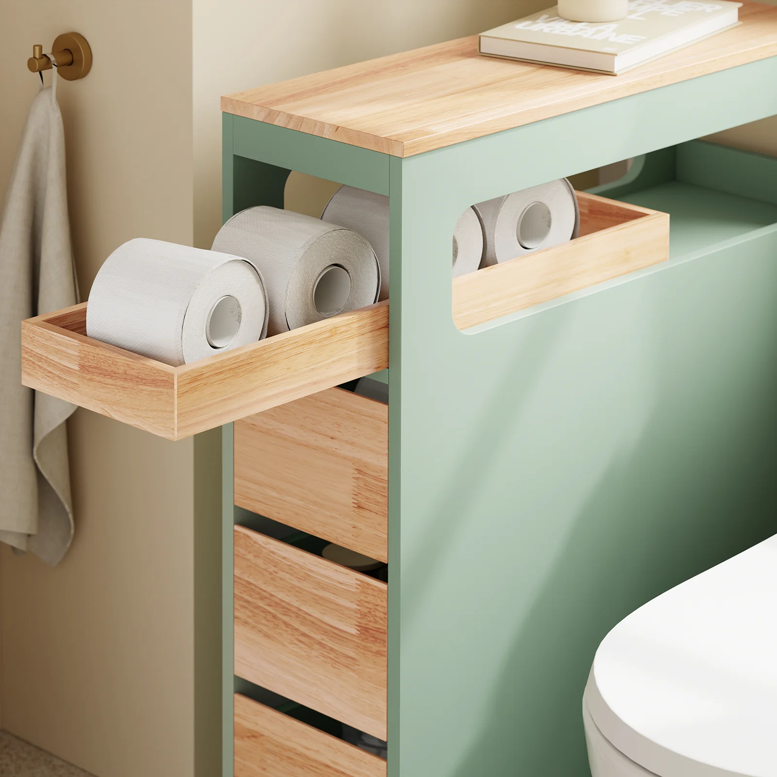 SoBuy BZR54-II-GR Smalle Badkamerkast op Wielen – Compact Opbergmeubel met Lades & Vakken – 65×23×82 cm, Groen - Image 11